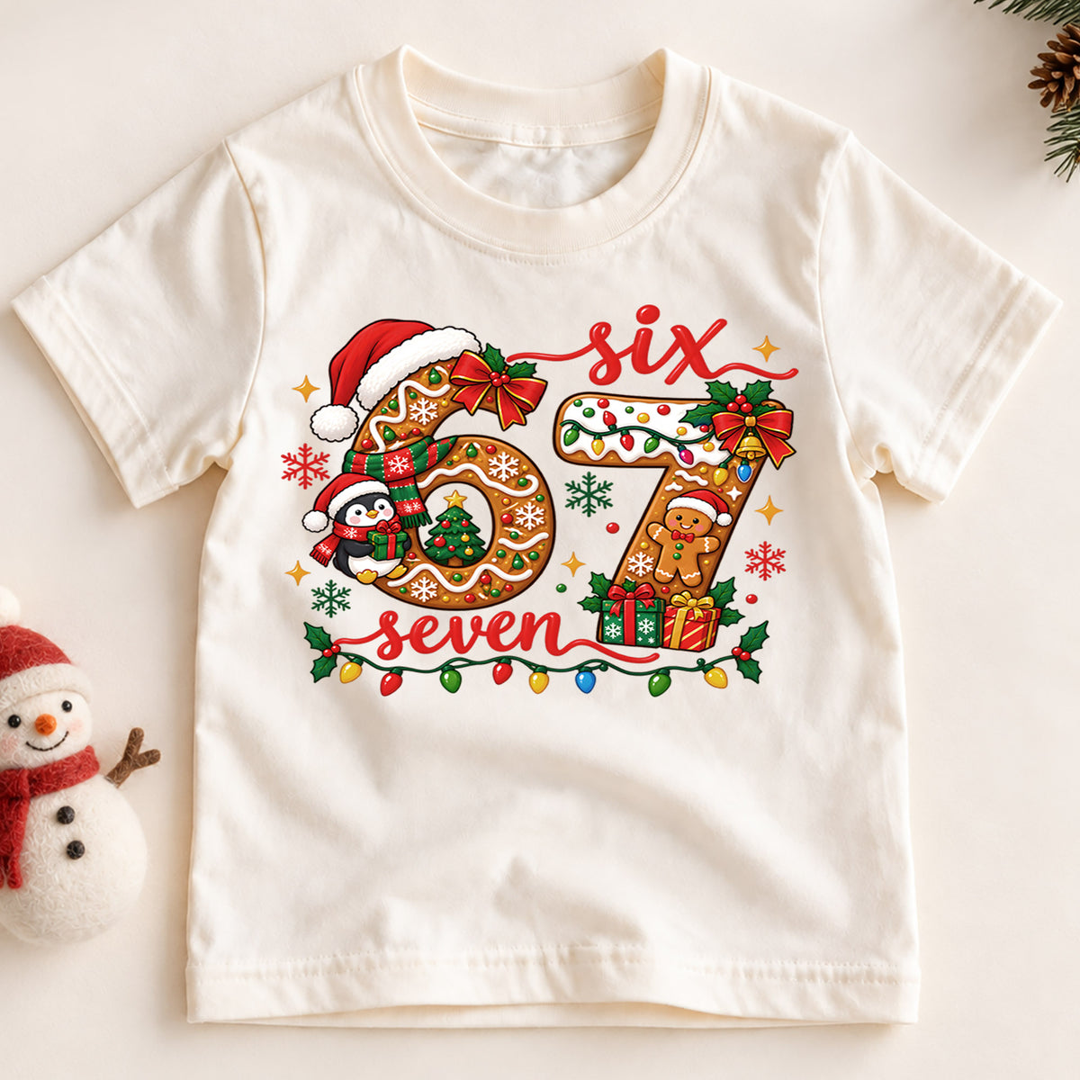 Cute 6th and 7th Birthday Christmas Shirt, Holiday Number Graphic Kids Tee, Festive Winter Birthday Outfit, Birthday Gift for Kids — product view 2