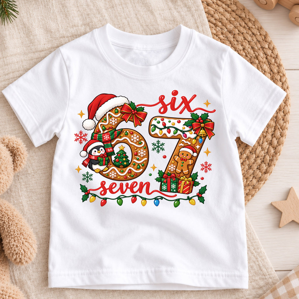 Cute 6th and 7th Birthday Christmas Shirt, Holiday Number Graphic Kids Tee, Festive Winter Birthday Outfit, Birthday Gift for Kids — product view 3
