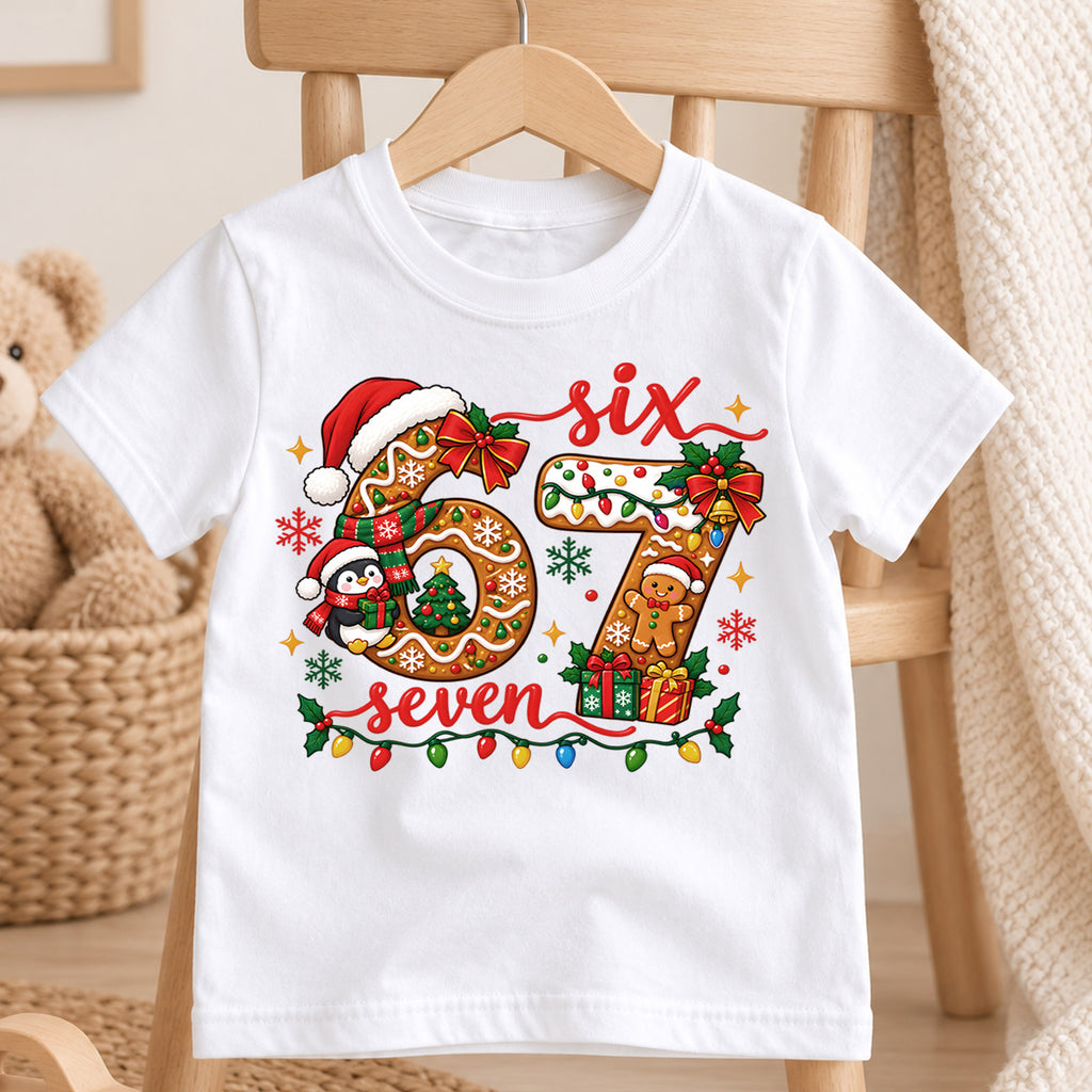 Cute 6th and 7th Birthday Christmas Shirt, Holiday Number Graphic Kids Tee, Festive Winter Birthday Outfit, Birthday Gift for Kids — product view 4