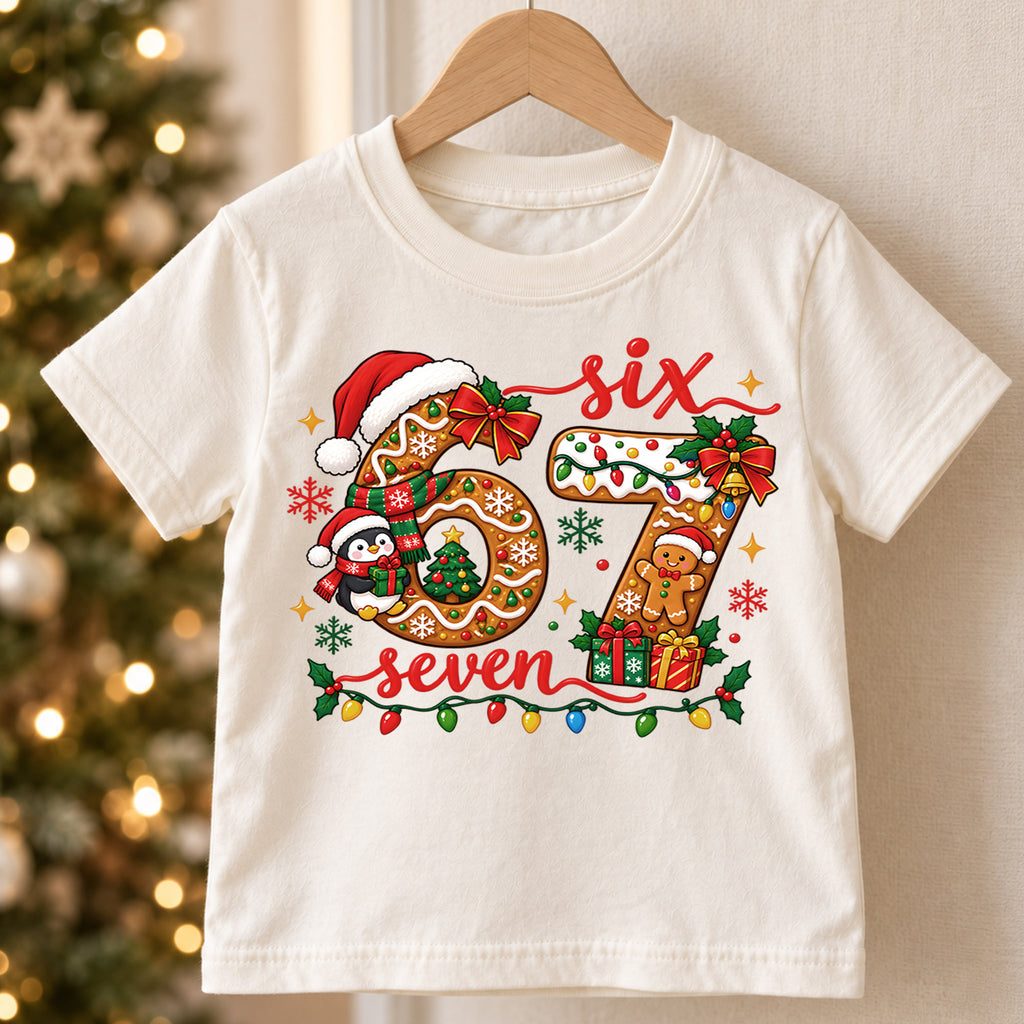 Cute 6th and 7th Birthday Christmas Shirt, Holiday Number Graphic Kids Tee, Festive Winter Birthday Outfit, Birthday Gift for Kids — product view 5