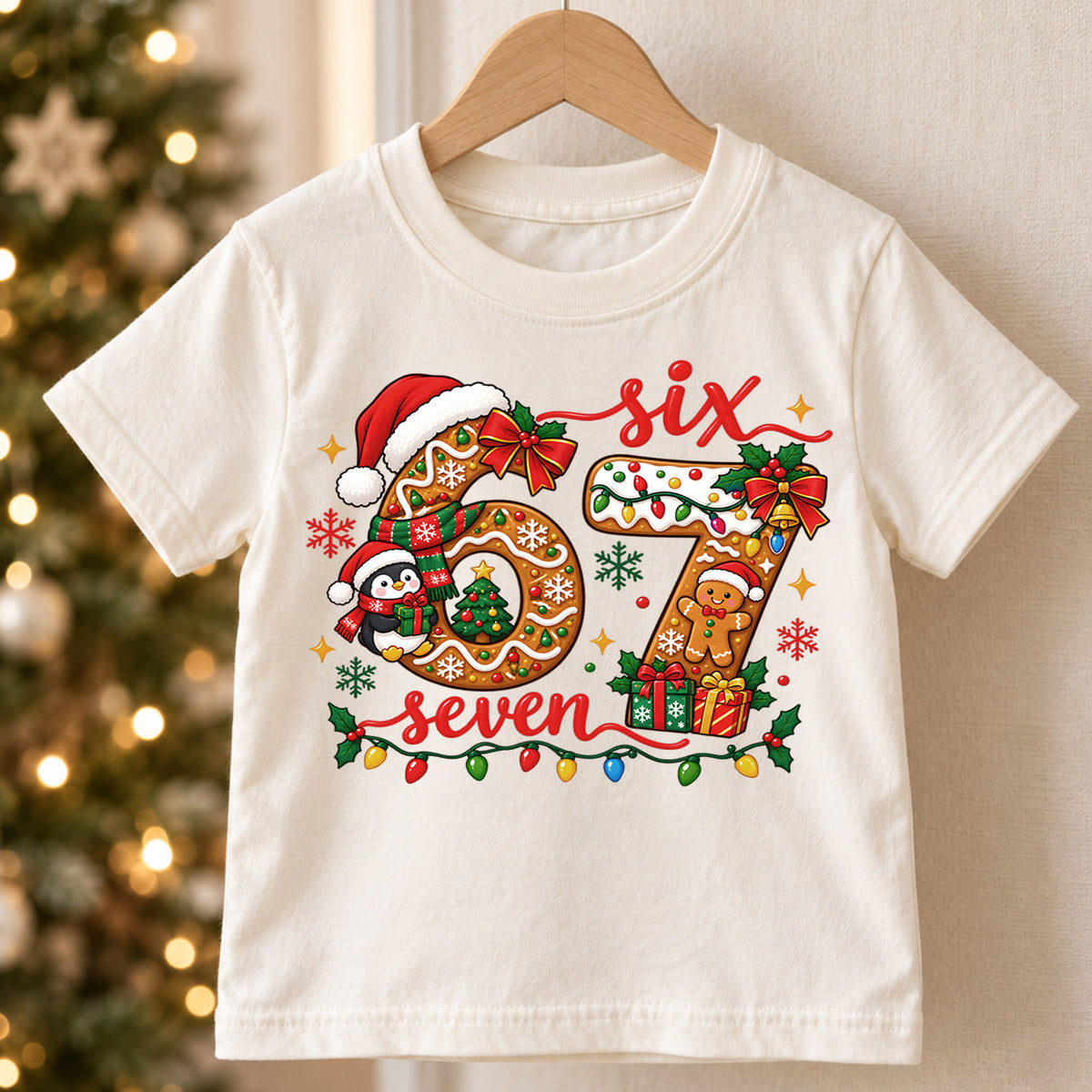 Cute 6th and 7th Birthday Christmas Shirt, Holiday Number Graphic Kids Tee, Festive Winter Birthday Outfit, Birthday Gift for Kids — product view 5