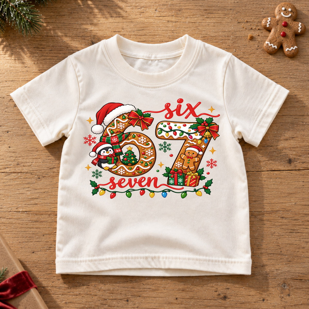Cute 6th and 7th Birthday Christmas Shirt, Holiday Number Graphic Kids Tee, Festive Winter Birthday Outfit, Birthday Gift for Kids — product view 6