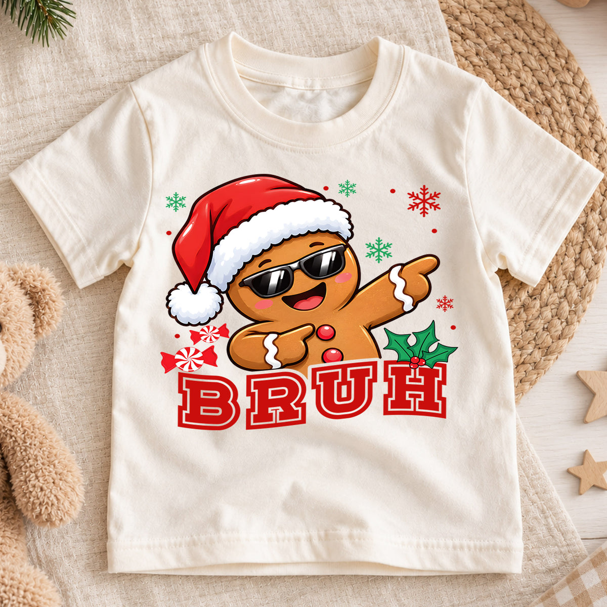Funny Dabbing Gingerbread Bruh Christmas Shirt, Cool Cookie Holiday Kids Tee, Festive Winter Outfit, Funny Christmas Gift for Toddlers — product view 1
