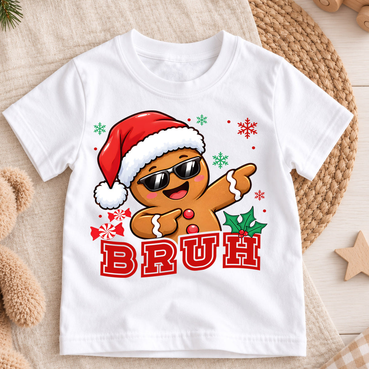 Funny Dabbing Gingerbread Bruh Christmas Shirt, Cool Cookie Holiday Kids Tee, Festive Winter Outfit, Funny Christmas Gift for Toddlers — product view 3