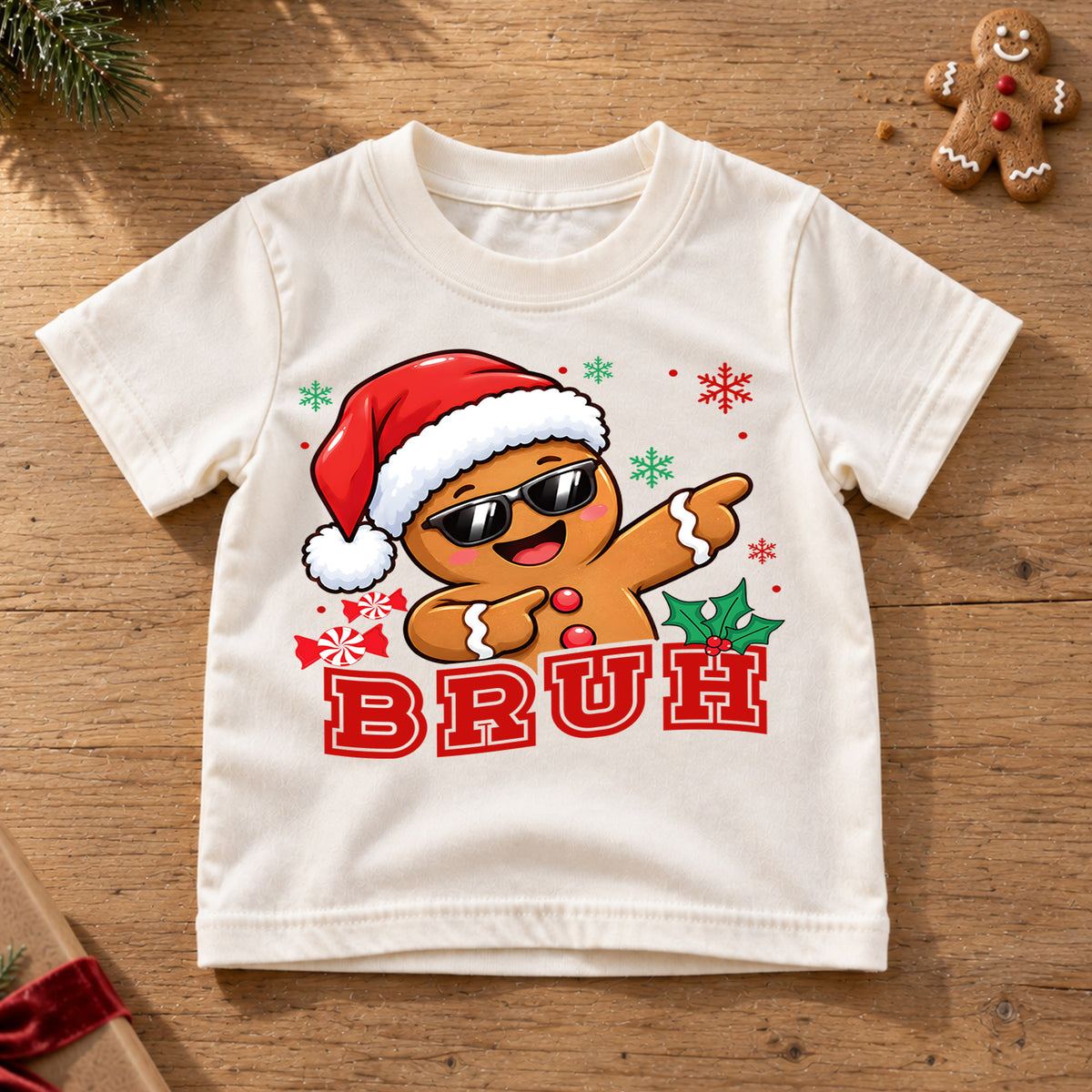 Funny Dabbing Gingerbread Bruh Christmas Shirt, Cool Cookie Holiday Kids Tee, Festive Winter Outfit, Funny Christmas Gift for Toddlers — product view 6