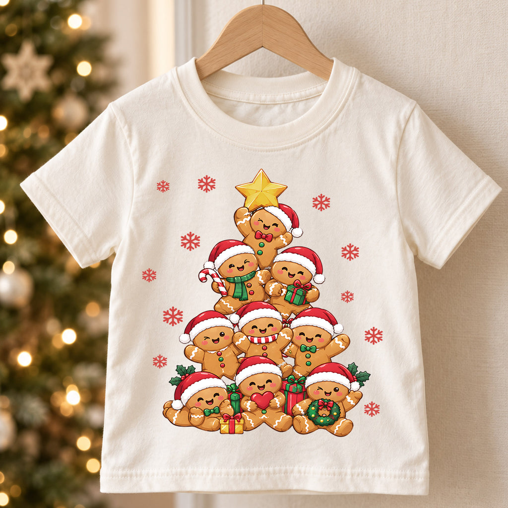 Cute Gingerbread Christmas Tree Shirt, Holiday Cookie Stack Tee, Festive Winter Kids Top, Cute Cookie Christmas Outfit, Gift For Kids — product view 5