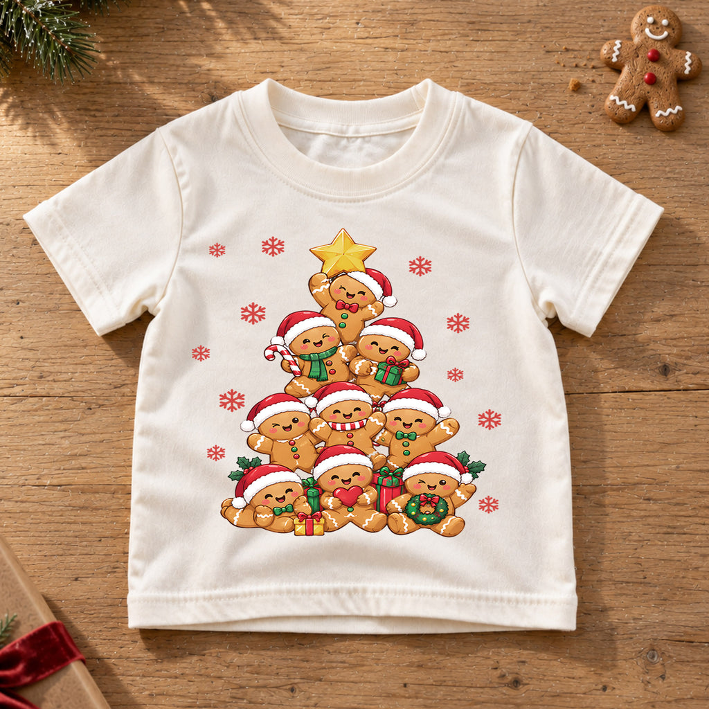 Cute Gingerbread Christmas Tree Shirt, Holiday Cookie Stack Tee, Festive Winter Kids Top, Cute Cookie Christmas Outfit, Gift For Kids — product view 6
