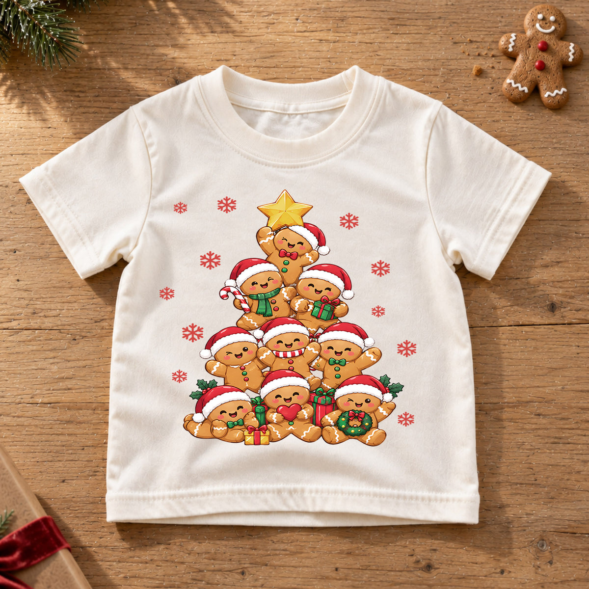 Cute Gingerbread Christmas Tree Shirt, Holiday Cookie Stack Tee, Festive Winter Kids Top, Cute Cookie Christmas Outfit, Gift For Kids — product view 6