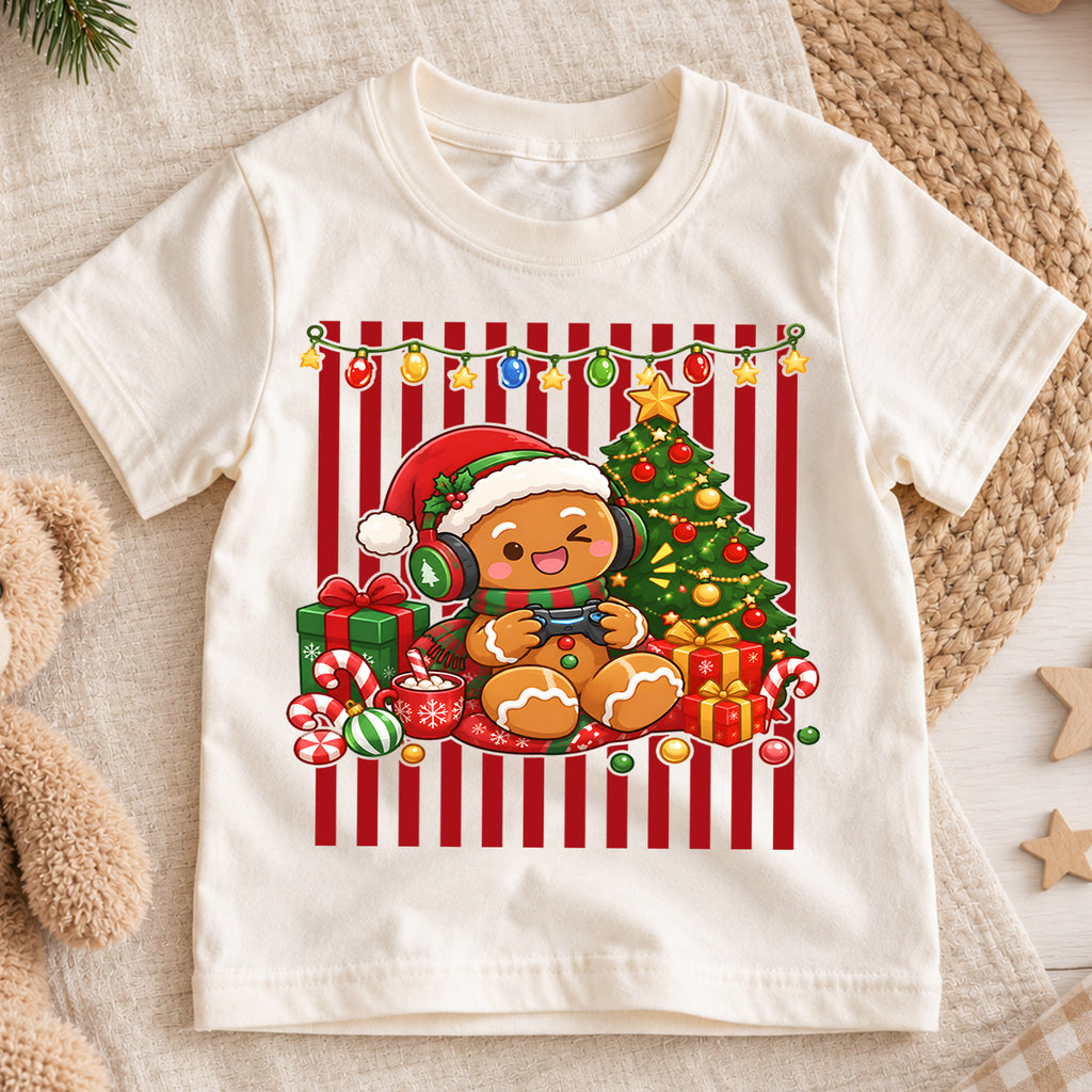 Cute Gingerbread Gamer Christmas Shirt, Video Game Holiday Kids Tee, Festive Winter Holiday Graphic Top, Christmas Gift for Young Gamers — product view 1