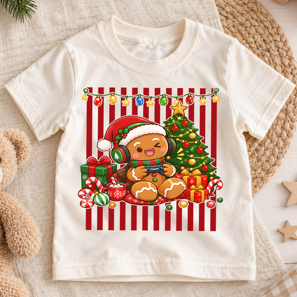 Cute Gingerbread Gamer Christmas Shirt, Video Game Holiday Kids Tee, Festive Winter Holiday Graphic Top, Christmas Gift for Young Gamers — product view 1