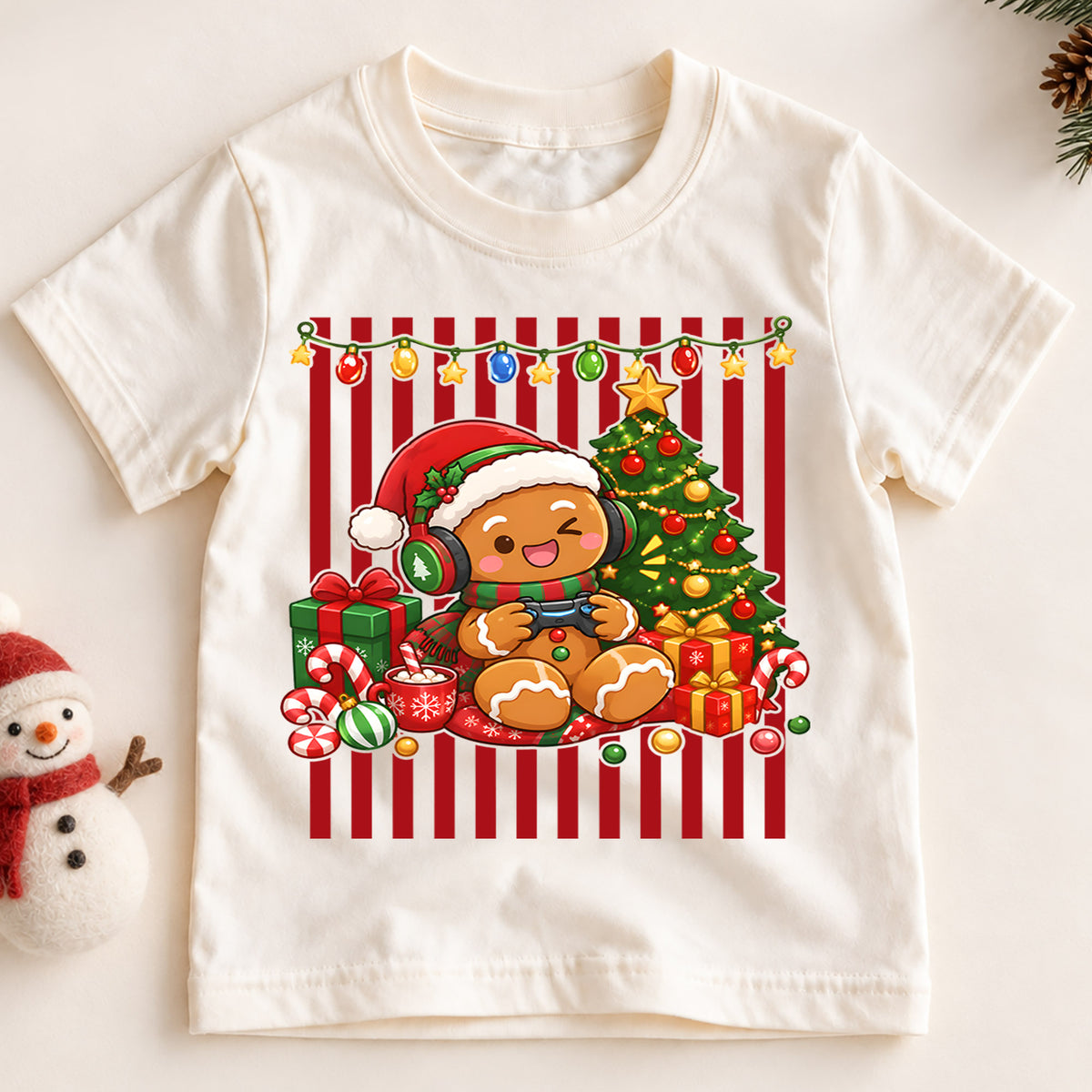 Cute Gingerbread Gamer Christmas Shirt, Video Game Holiday Kids Tee, Festive Winter Holiday Graphic Top, Christmas Gift for Young Gamers — product view 2