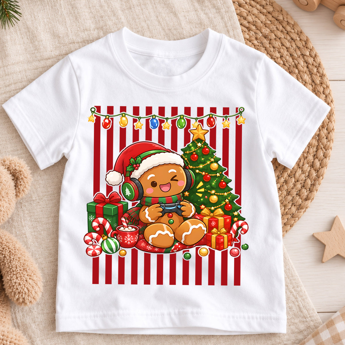 Cute Gingerbread Gamer Christmas Shirt, Video Game Holiday Kids Tee, Festive Winter Holiday Graphic Top, Christmas Gift for Young Gamers — product view 3