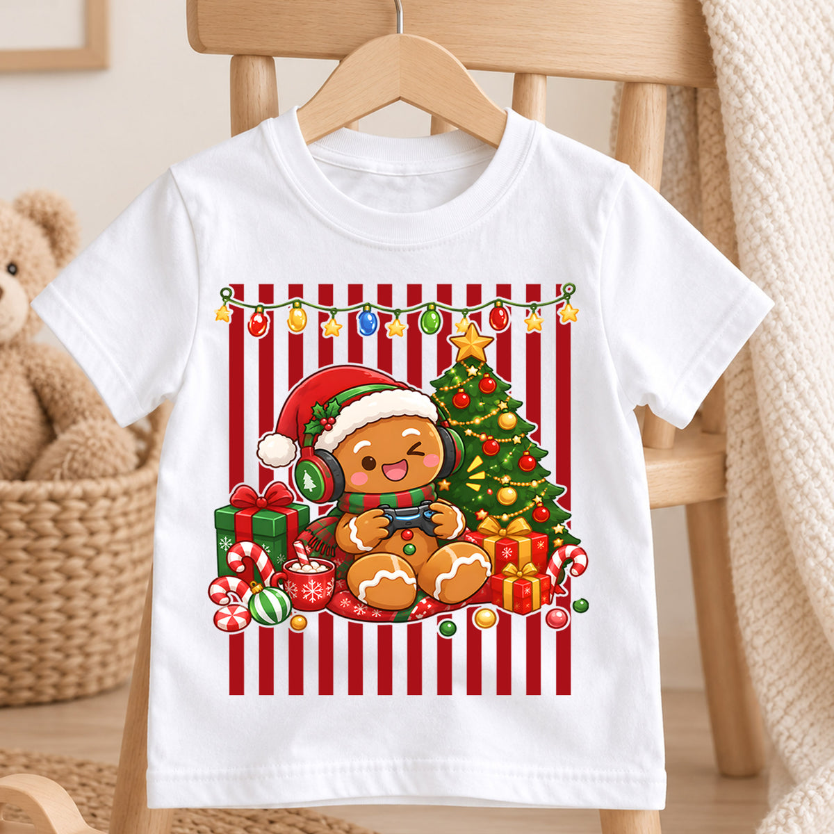 Cute Gingerbread Gamer Christmas Shirt, Video Game Holiday Kids Tee, Festive Winter Holiday Graphic Top, Christmas Gift for Young Gamers — product view 4