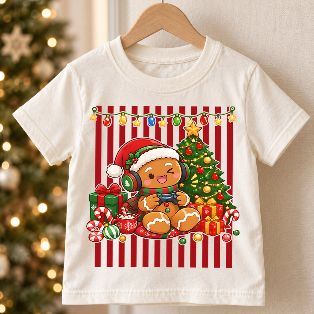 Cute Gingerbread Gamer Christmas Shirt, Video Game Holiday Kids Tee, Festive Winter Holiday Graphic Top, Christmas Gift for Young Gamers — product view 5