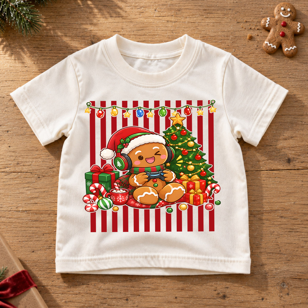 Cute Gingerbread Gamer Christmas Shirt, Video Game Holiday Kids Tee, Festive Winter Holiday Graphic Top, Christmas Gift for Young Gamers — product view 6