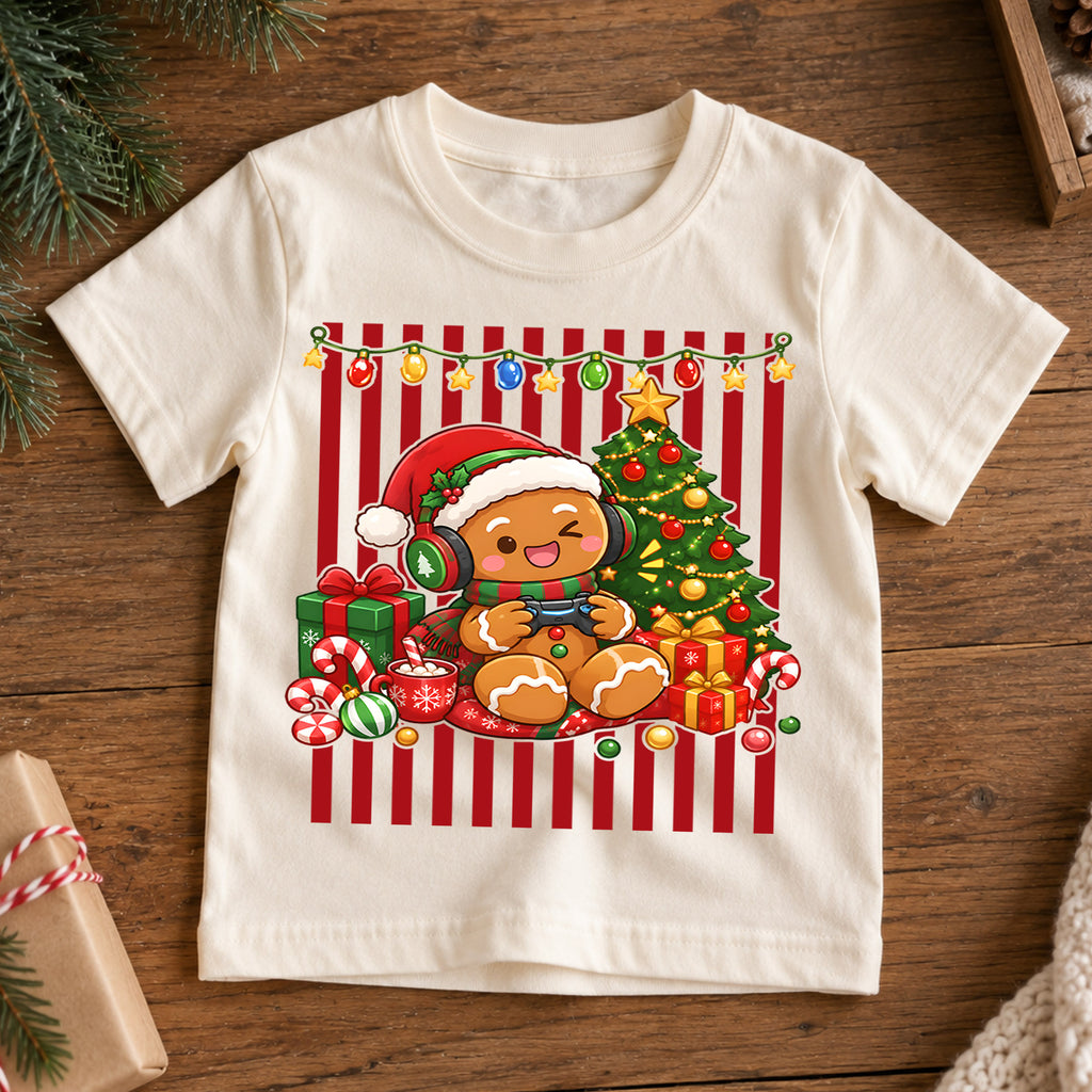 Cute Gingerbread Gamer Christmas Shirt, Video Game Holiday Kids Tee, Festive Winter Holiday Graphic Top, Christmas Gift for Young Gamers — product view 7