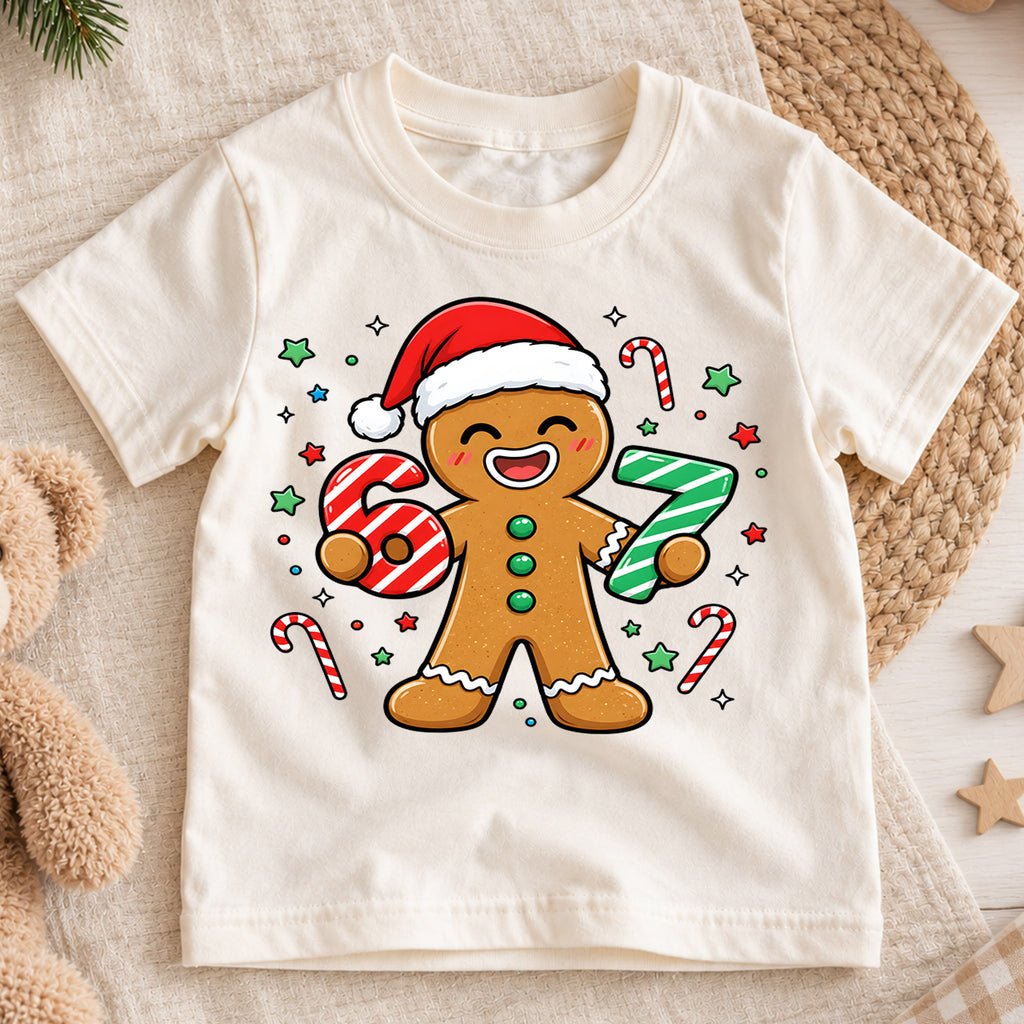 Cute Gingerbread Man 6th 7th Birthday Christmas Shirt, Holiday Kids Party Tee, Festive Winter Top, Gingerbread Birthday Gift For Kids — product view 1
