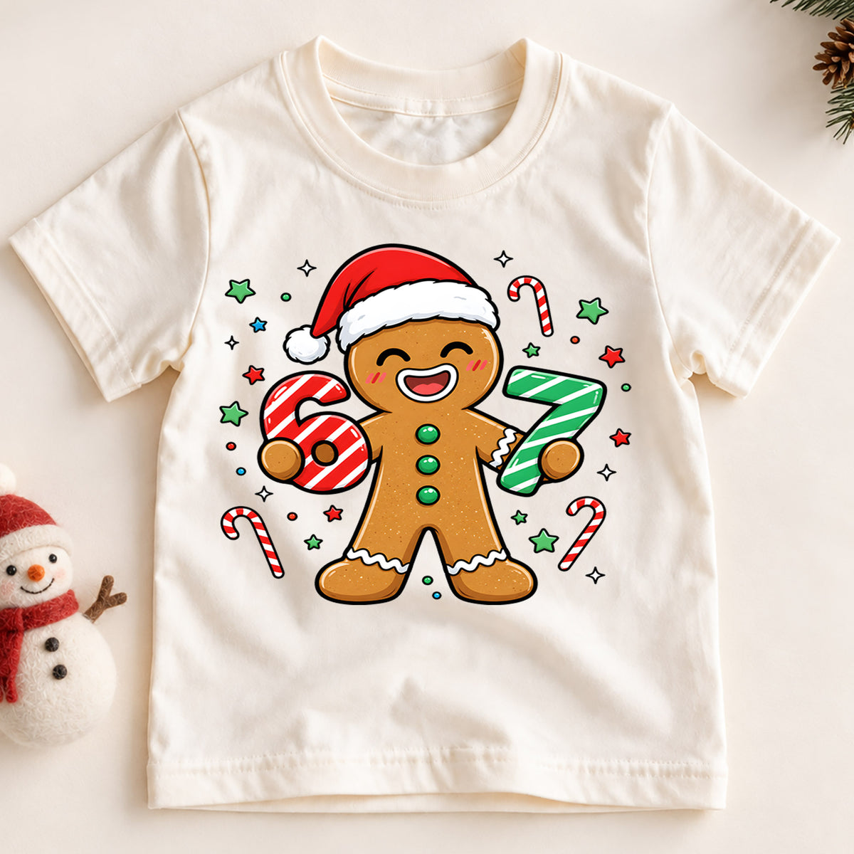 Cute Gingerbread Man 6th 7th Birthday Christmas Shirt, Holiday Kids Party Tee, Festive Winter Top, Gingerbread Birthday Gift For Kids — product view 2