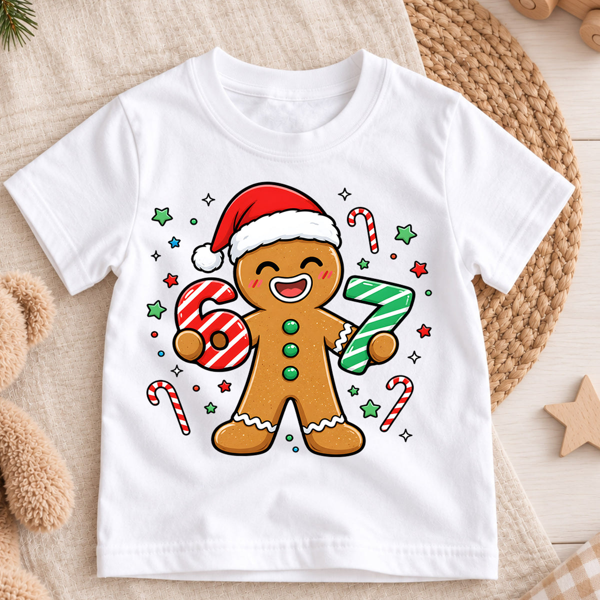 Cute Gingerbread Man 6th 7th Birthday Christmas Shirt, Holiday Kids Party Tee, Festive Winter Top, Gingerbread Birthday Gift For Kids — product view 3