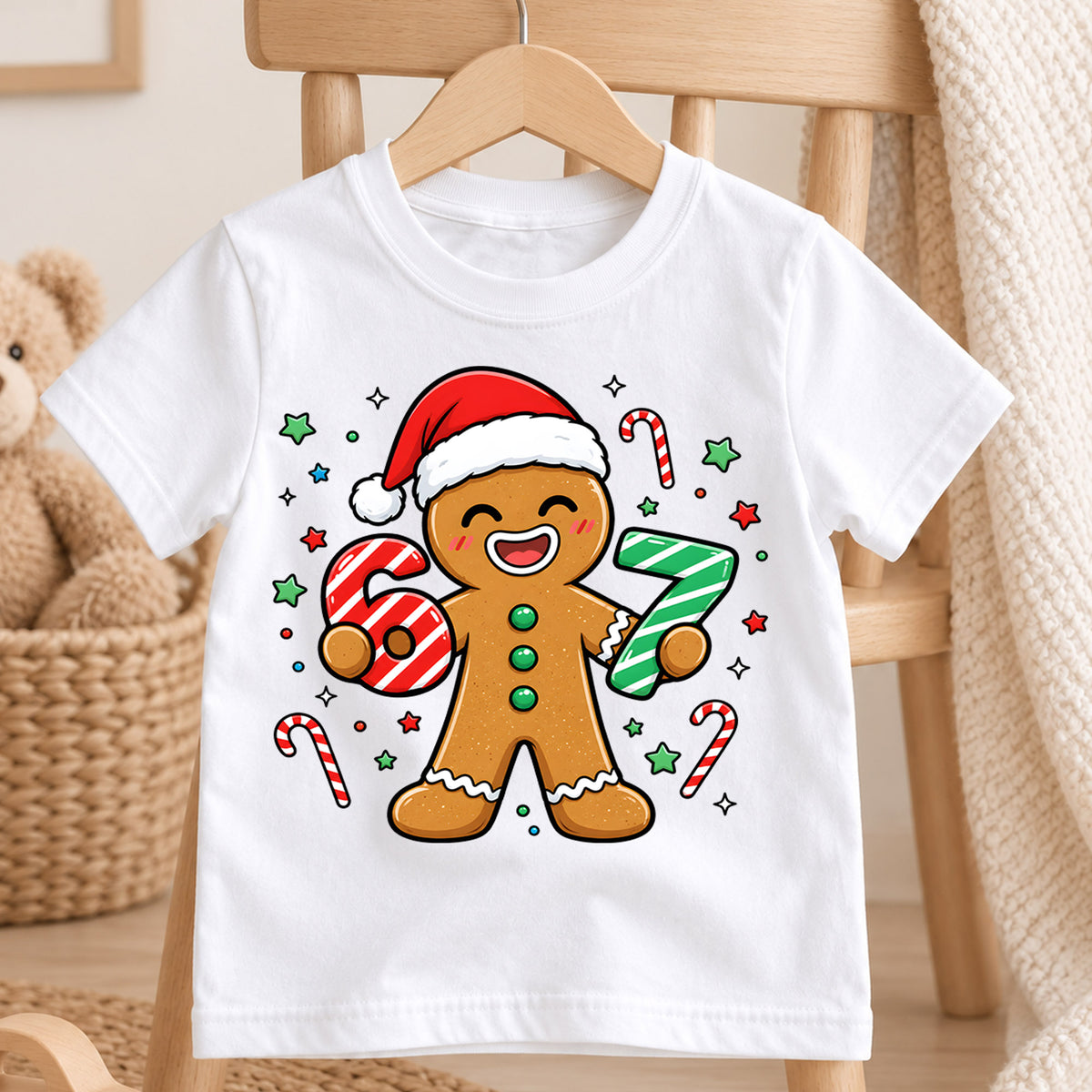 Cute Gingerbread Man 6th 7th Birthday Christmas Shirt, Holiday Kids Party Tee, Festive Winter Top, Gingerbread Birthday Gift For Kids — product view 4