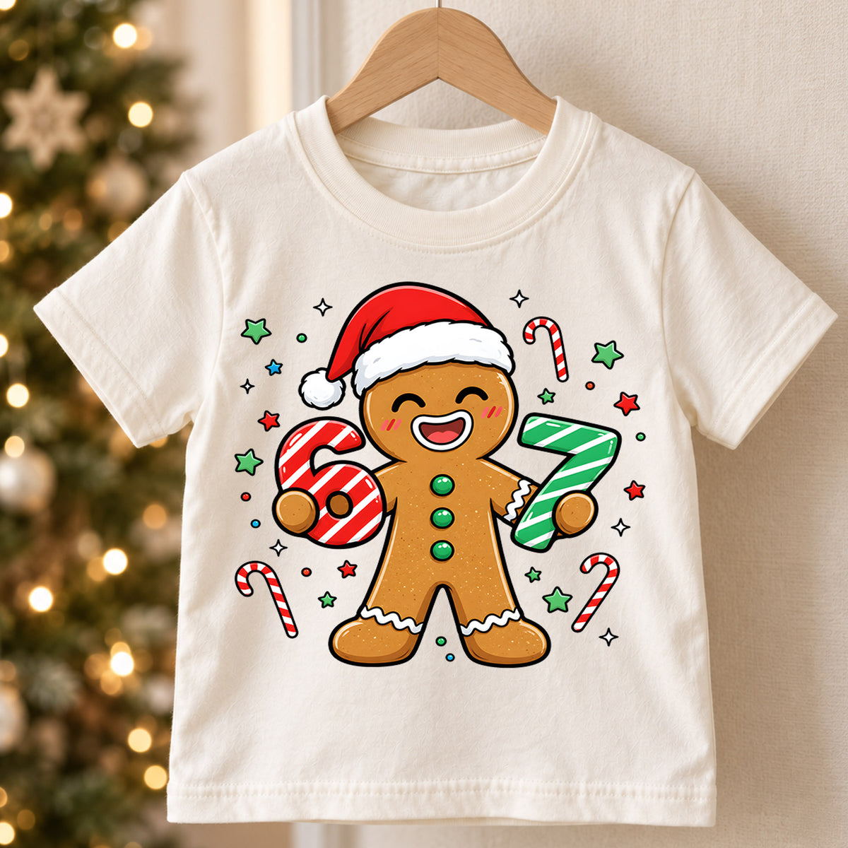 Cute Gingerbread Man 6th 7th Birthday Christmas Shirt, Holiday Kids Party Tee, Festive Winter Top, Gingerbread Birthday Gift For Kids — product view 5