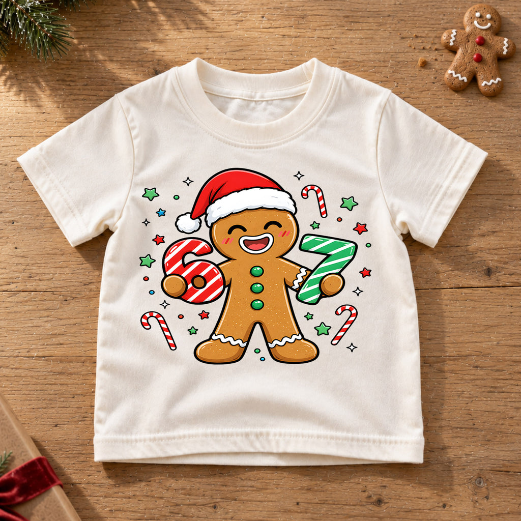 Cute Gingerbread Man 6th 7th Birthday Christmas Shirt, Holiday Kids Party Tee, Festive Winter Top, Gingerbread Birthday Gift For Kids — product view 6