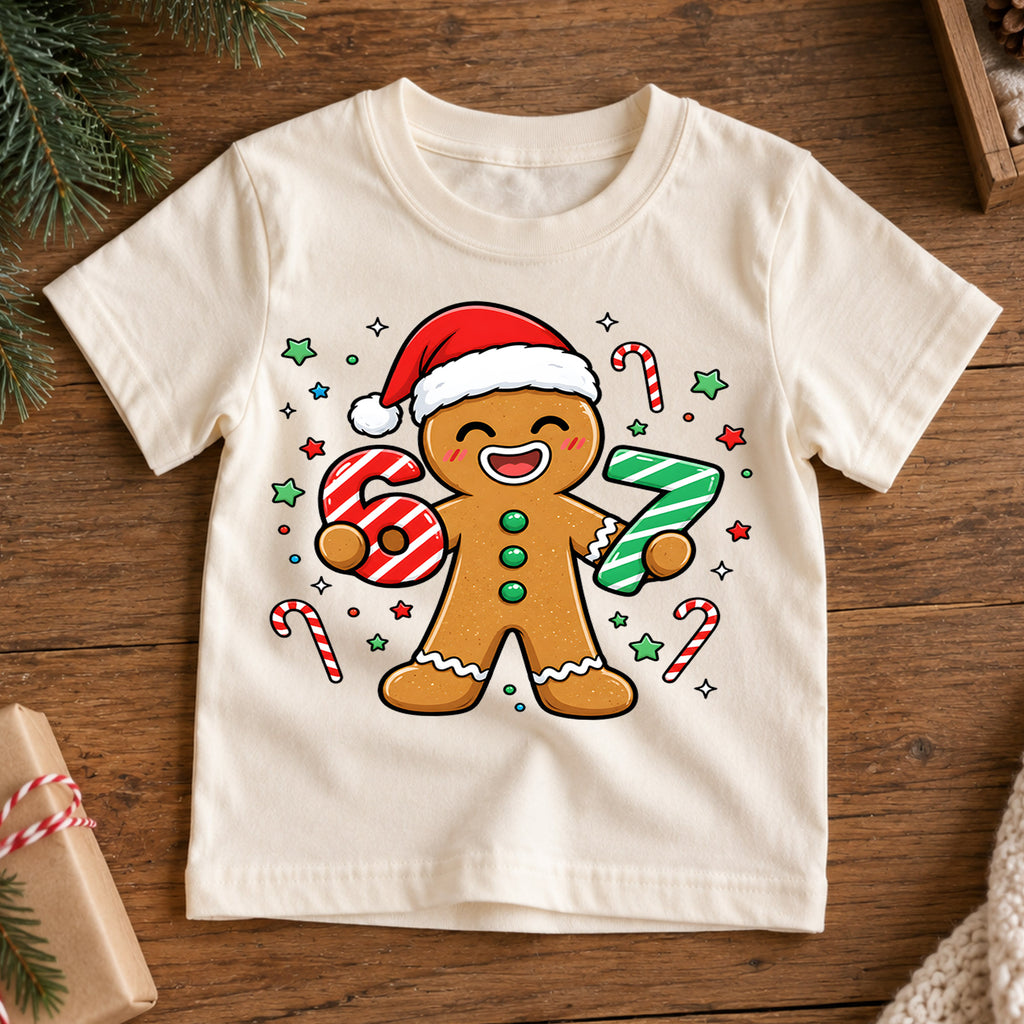 Cute Gingerbread Man 6th 7th Birthday Christmas Shirt, Holiday Kids Party Tee, Festive Winter Top, Gingerbread Birthday Gift For Kids — product view 7