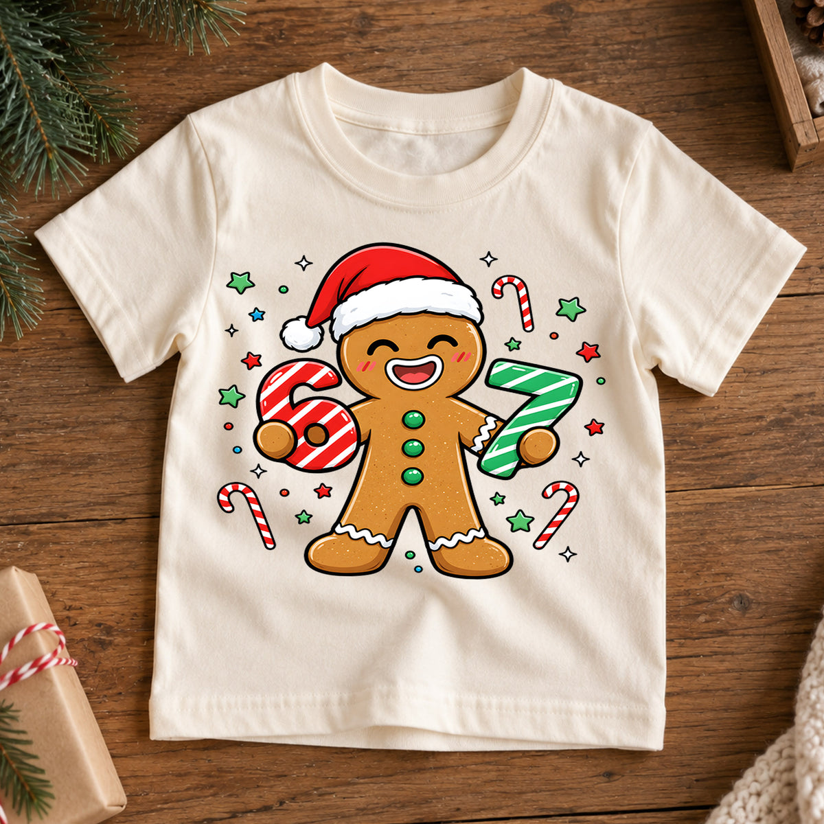 Cute Gingerbread Man 6th 7th Birthday Christmas Shirt, Holiday Kids Party Tee, Festive Winter Top, Gingerbread Birthday Gift For Kids — product view 7