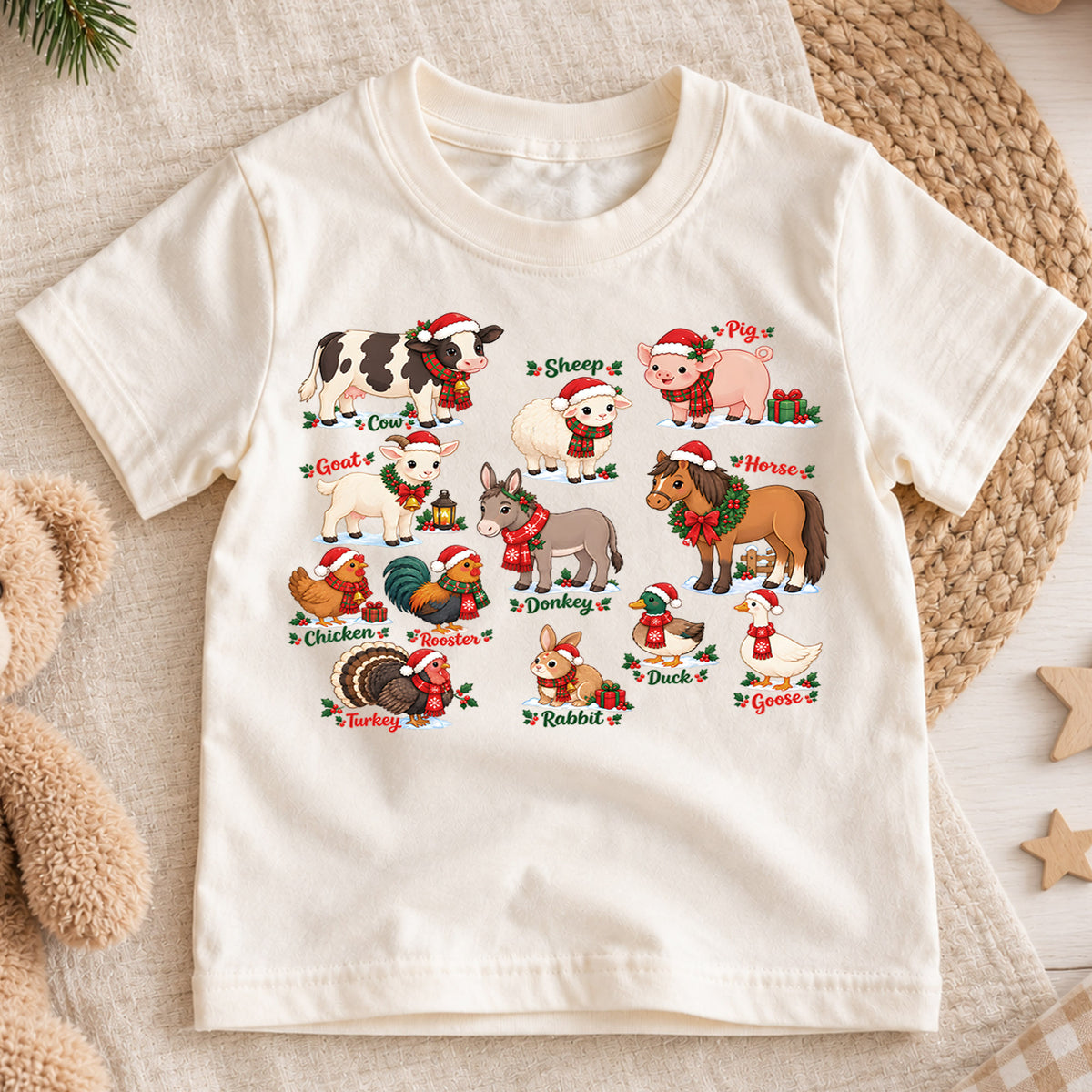 Cute Christmas Farm Animals Grid Shirt, Retro Holiday Livestock Postage Tee, Festive Kids Top, Cute Farm Animal Christmas Outfit, Gift — product view 1