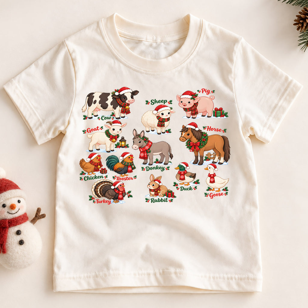 Cute Christmas Farm Animals Grid Shirt, Retro Holiday Livestock Postage Tee, Festive Kids Top, Cute Farm Animal Christmas Outfit, Gift — product view 2