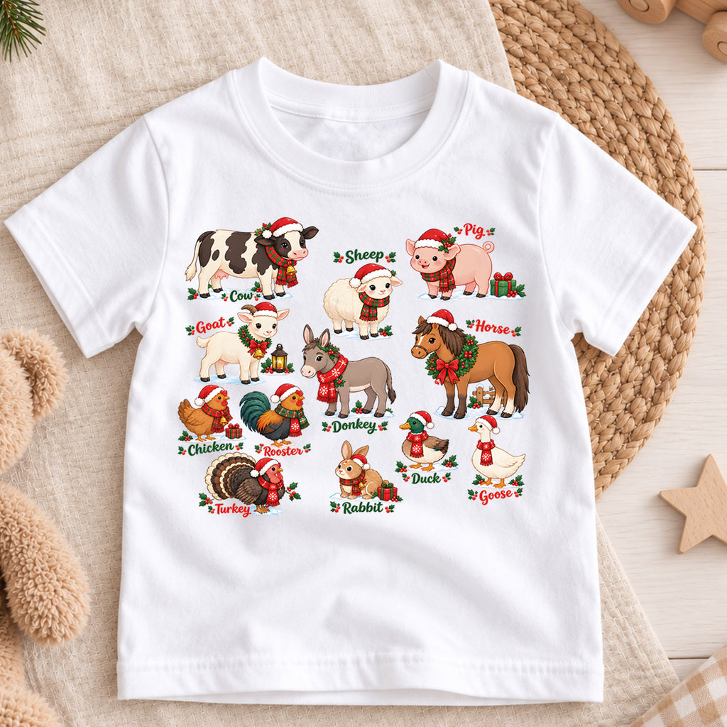 Cute Christmas Farm Animals Grid Shirt, Retro Holiday Livestock Postage Tee, Festive Kids Top, Cute Farm Animal Christmas Outfit, Gift — product view 3