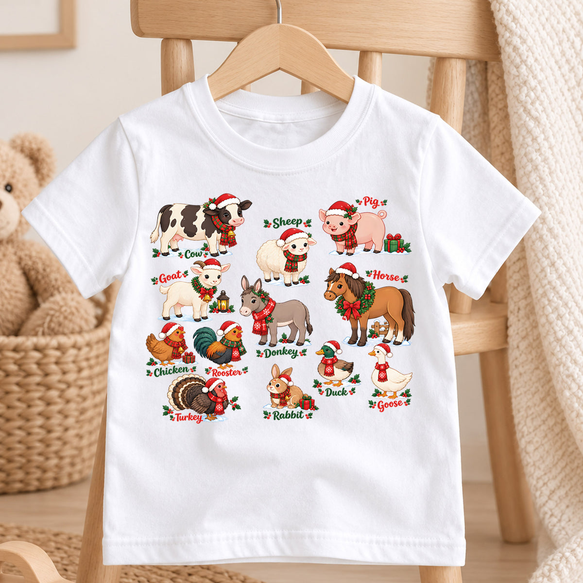 Cute Christmas Farm Animals Grid Shirt, Retro Holiday Livestock Postage Tee, Festive Kids Top, Cute Farm Animal Christmas Outfit, Gift — product view 4