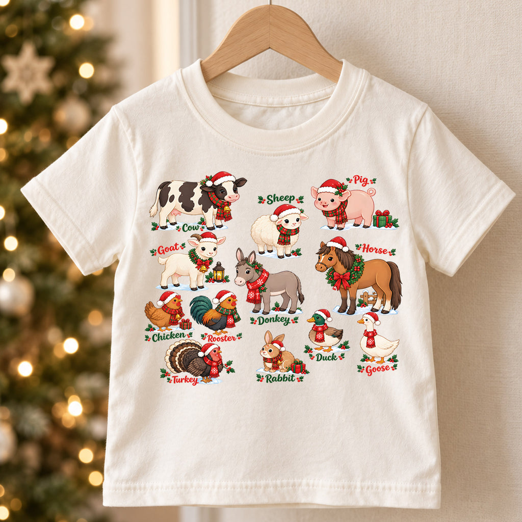 Cute Christmas Farm Animals Grid Shirt, Retro Holiday Livestock Postage Tee, Festive Kids Top, Cute Farm Animal Christmas Outfit, Gift — product view 5