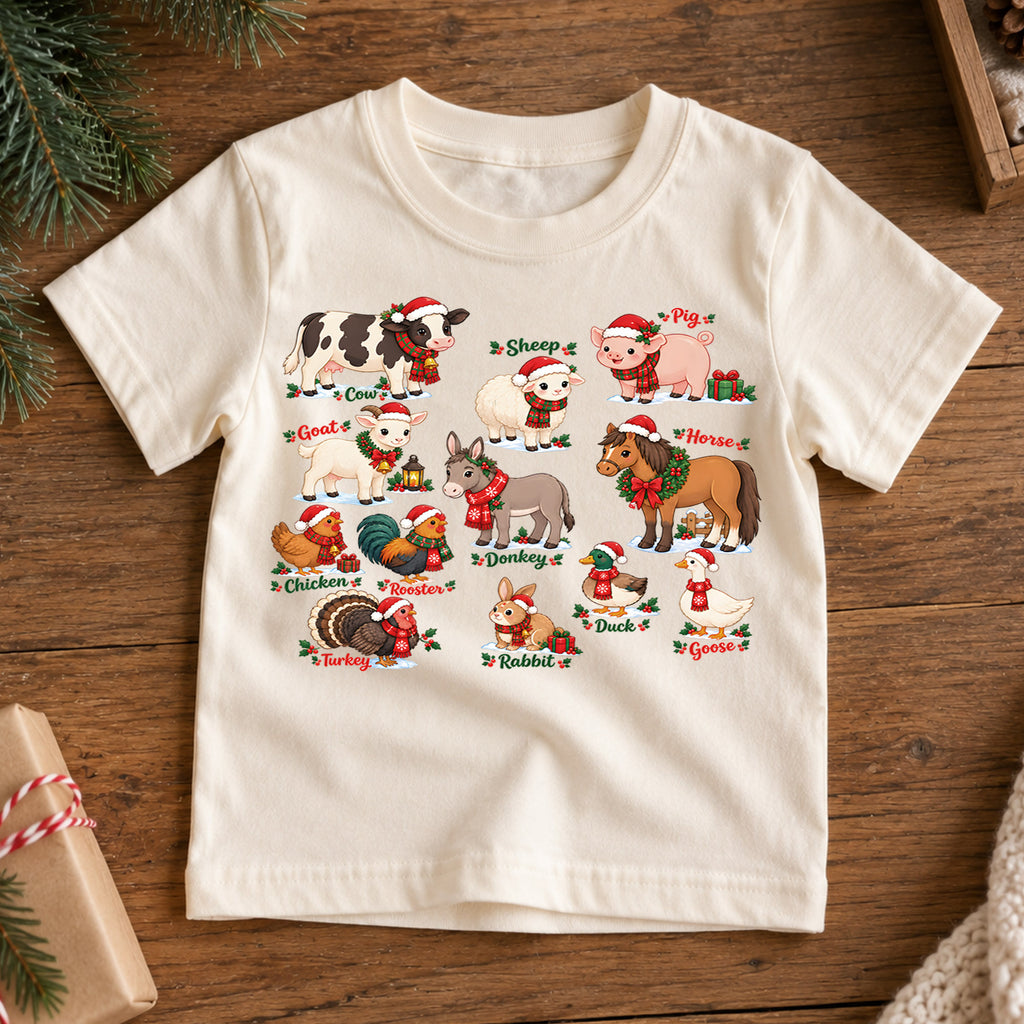 Cute Christmas Farm Animals Grid Shirt, Retro Holiday Livestock Postage Tee, Festive Kids Top, Cute Farm Animal Christmas Outfit, Gift — product view 7