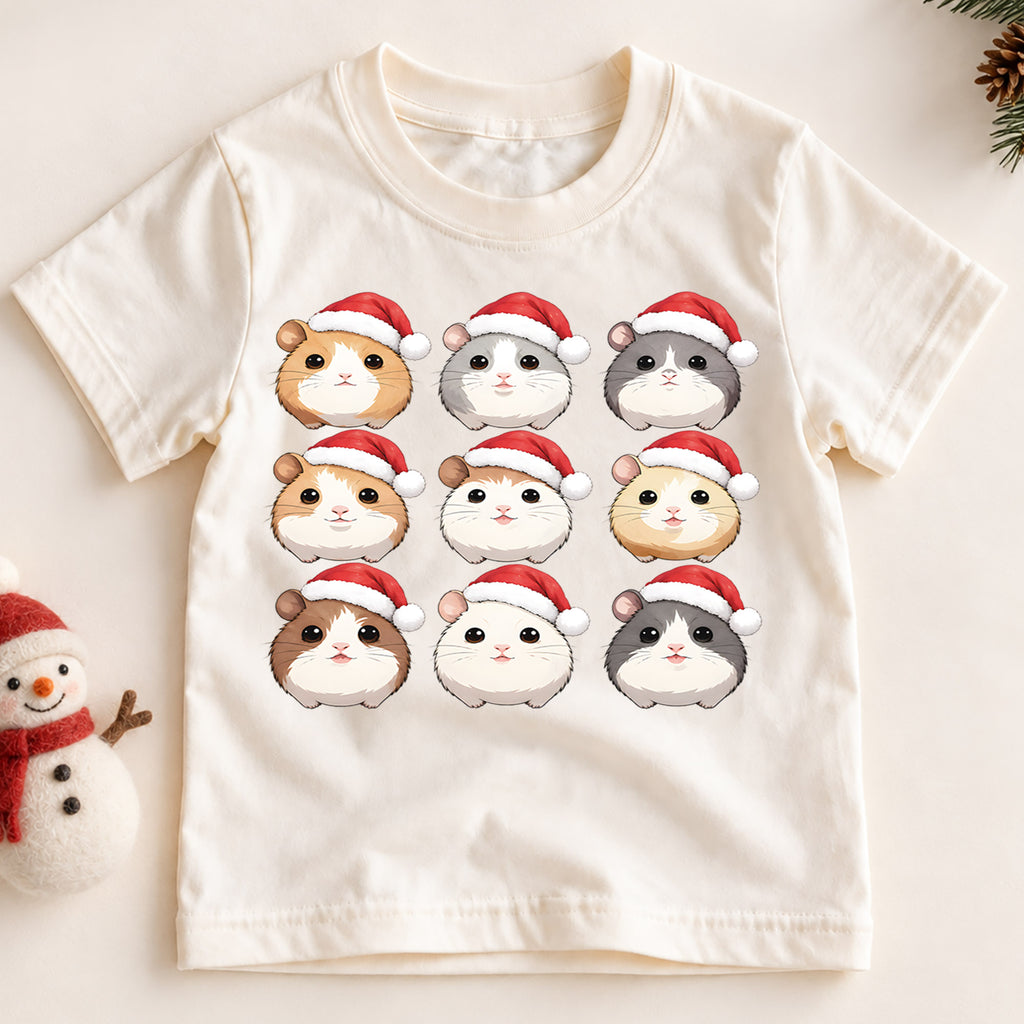 Cute Christmas Guinea Pigs Grid Shirt, Retro Holiday Rodents Postage Tee, Festive Kids Top, Cute Guinea Pig Christmas Outfit, Gift — product view 2