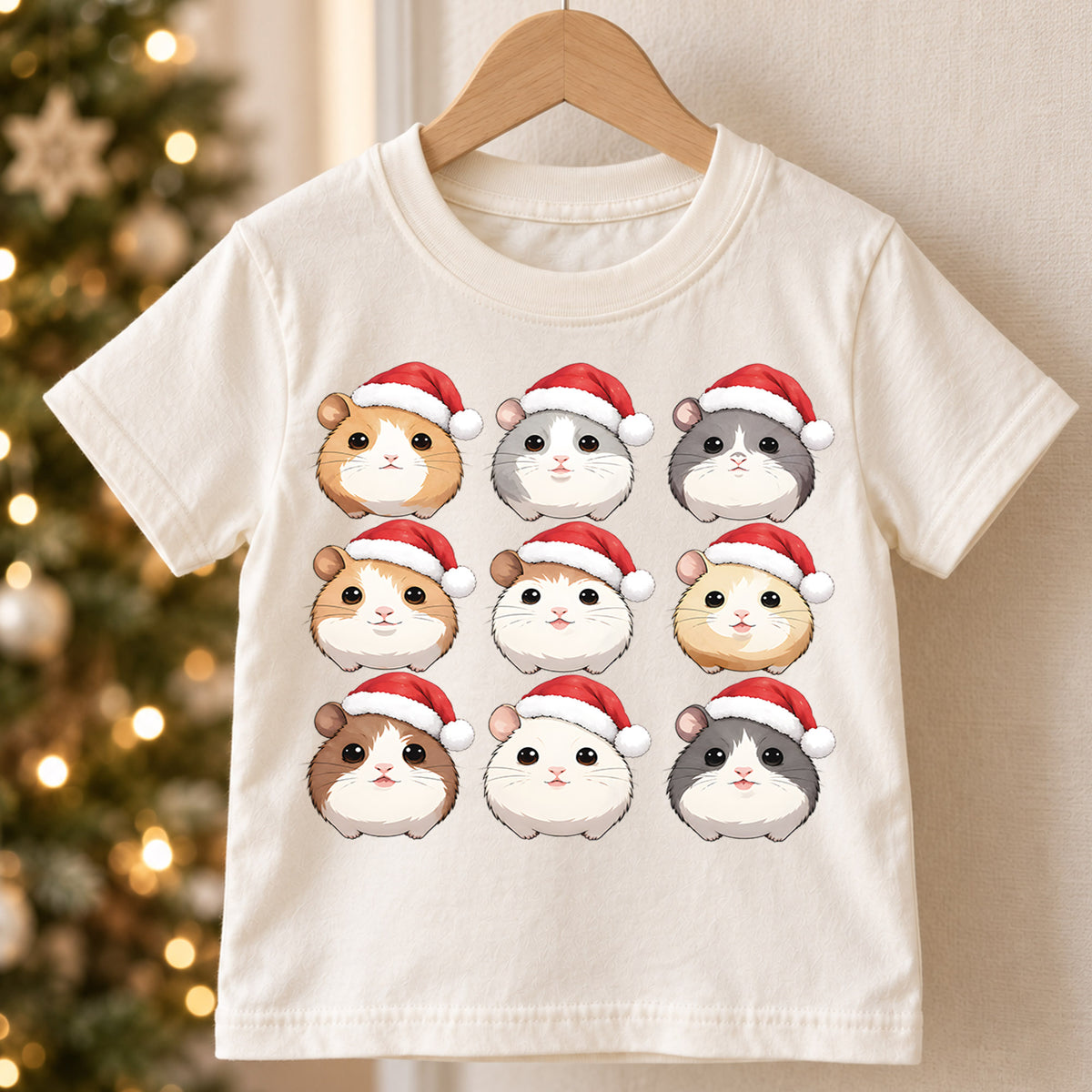 Cute Christmas Guinea Pigs Grid Shirt, Retro Holiday Rodents Postage Tee, Festive Kids Top, Cute Guinea Pig Christmas Outfit, Gift — product view 5