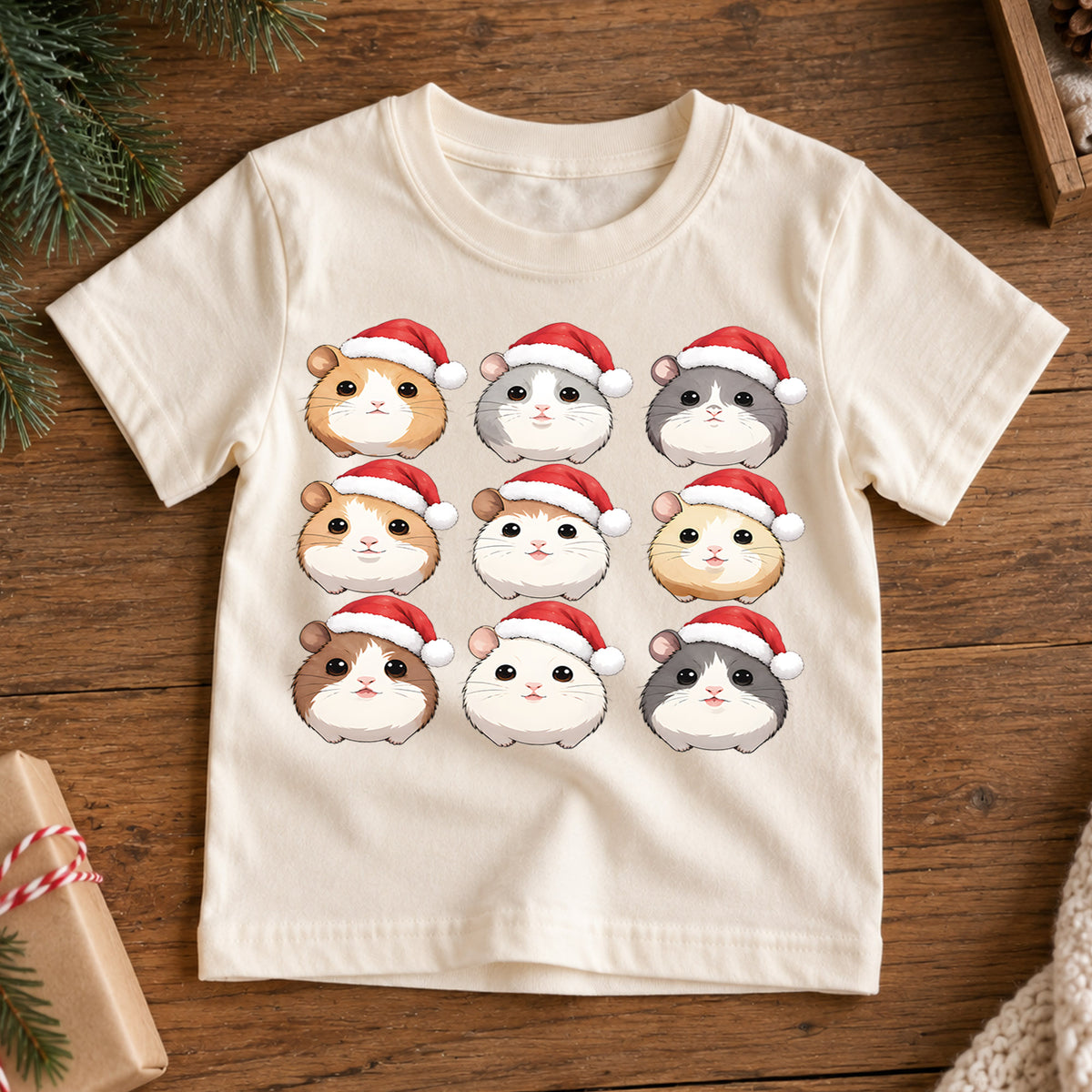 Cute Christmas Guinea Pigs Grid Shirt, Retro Holiday Rodents Postage Tee, Festive Kids Top, Cute Guinea Pig Christmas Outfit, Gift — product view 7