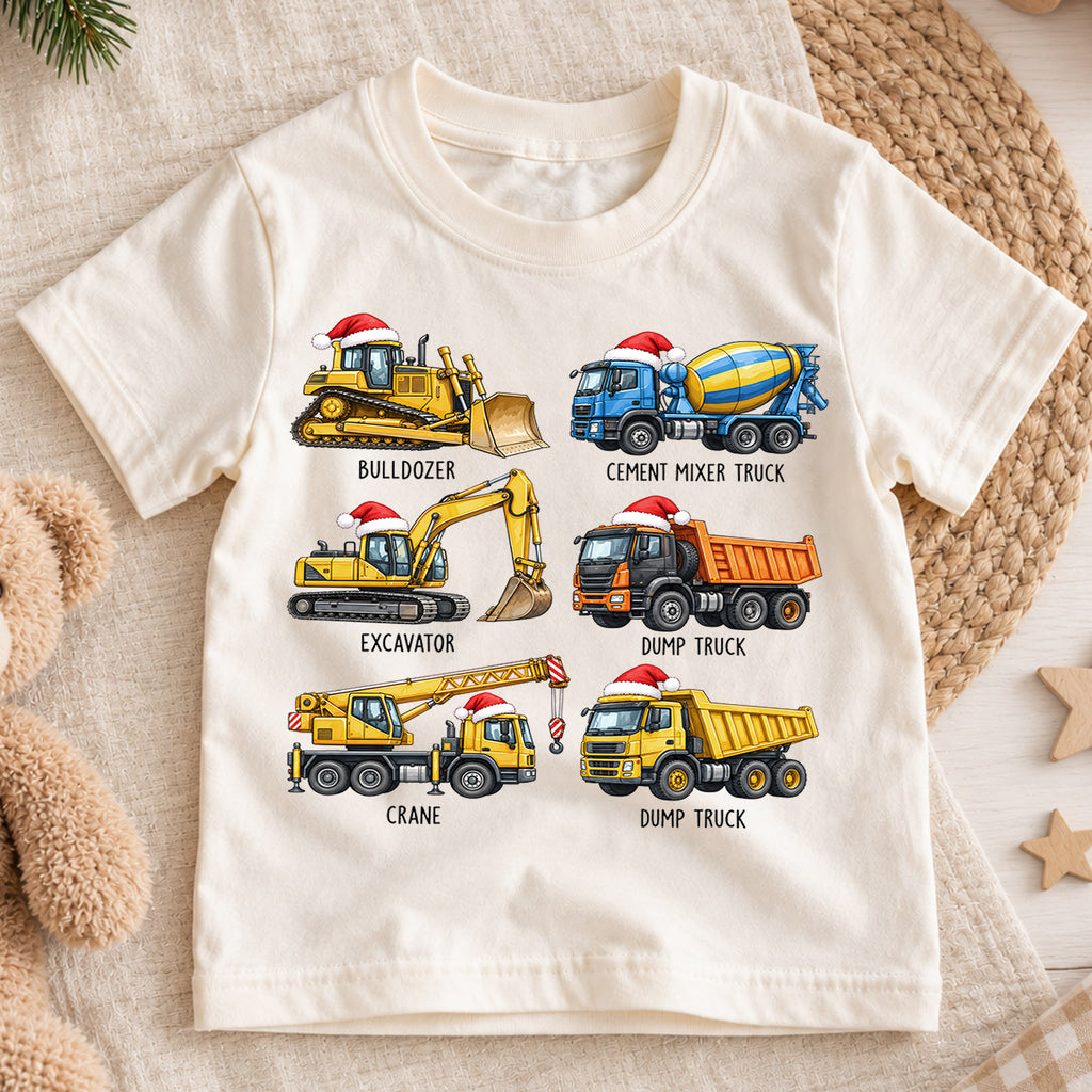 Cute Christmas Construction Trucks Shirt, Holiday Vehicles Kids Tee, Festive Winter Top, Cute Construction Christmas Outfit, Gift For Kids — product view 1