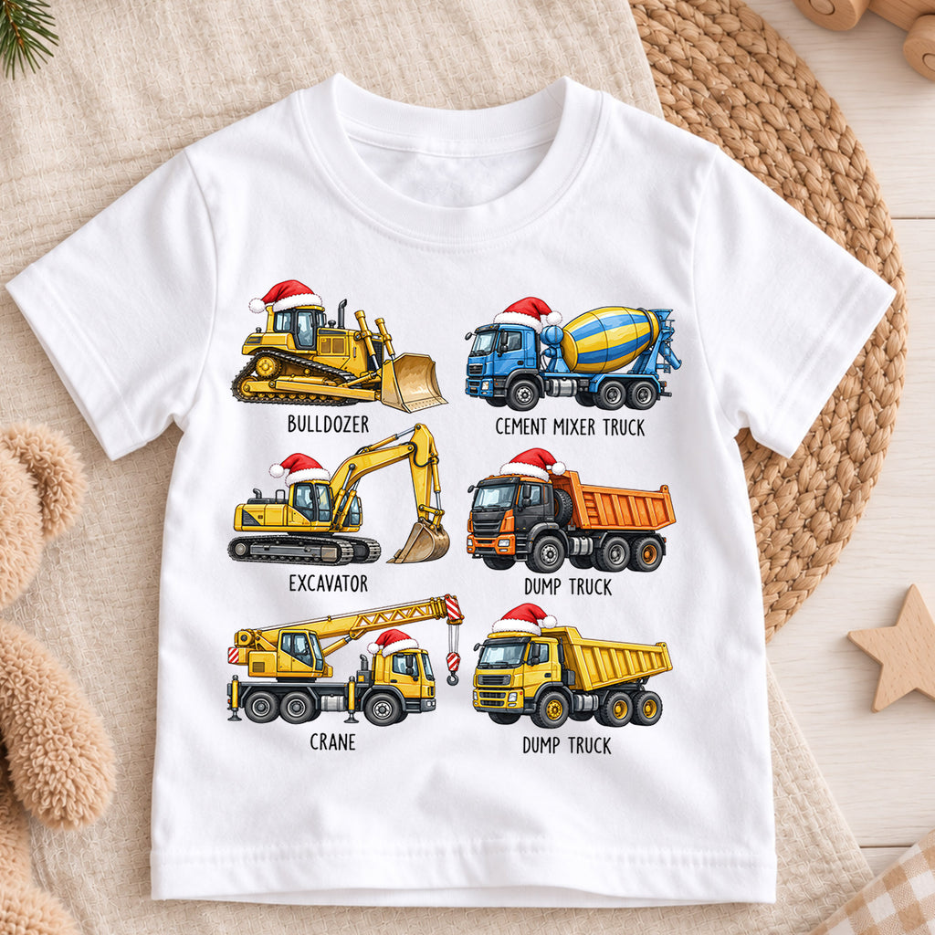 Cute Christmas Construction Trucks Shirt, Holiday Vehicles Kids Tee, Festive Winter Top, Cute Construction Christmas Outfit, Gift For Kids — product view 3