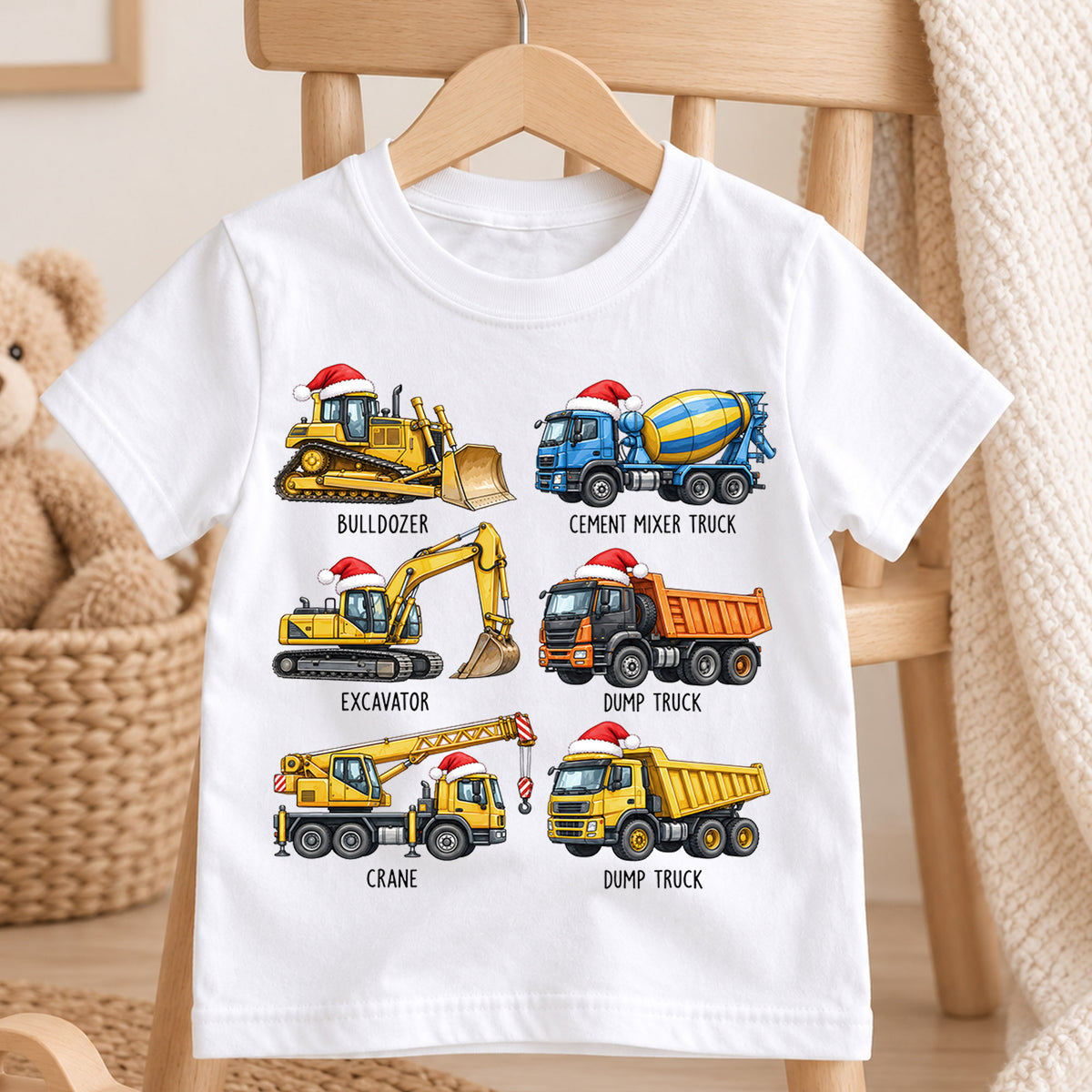 Cute Christmas Construction Trucks Shirt, Holiday Vehicles Kids Tee, Festive Winter Top, Cute Construction Christmas Outfit, Gift For Kids — product view 4