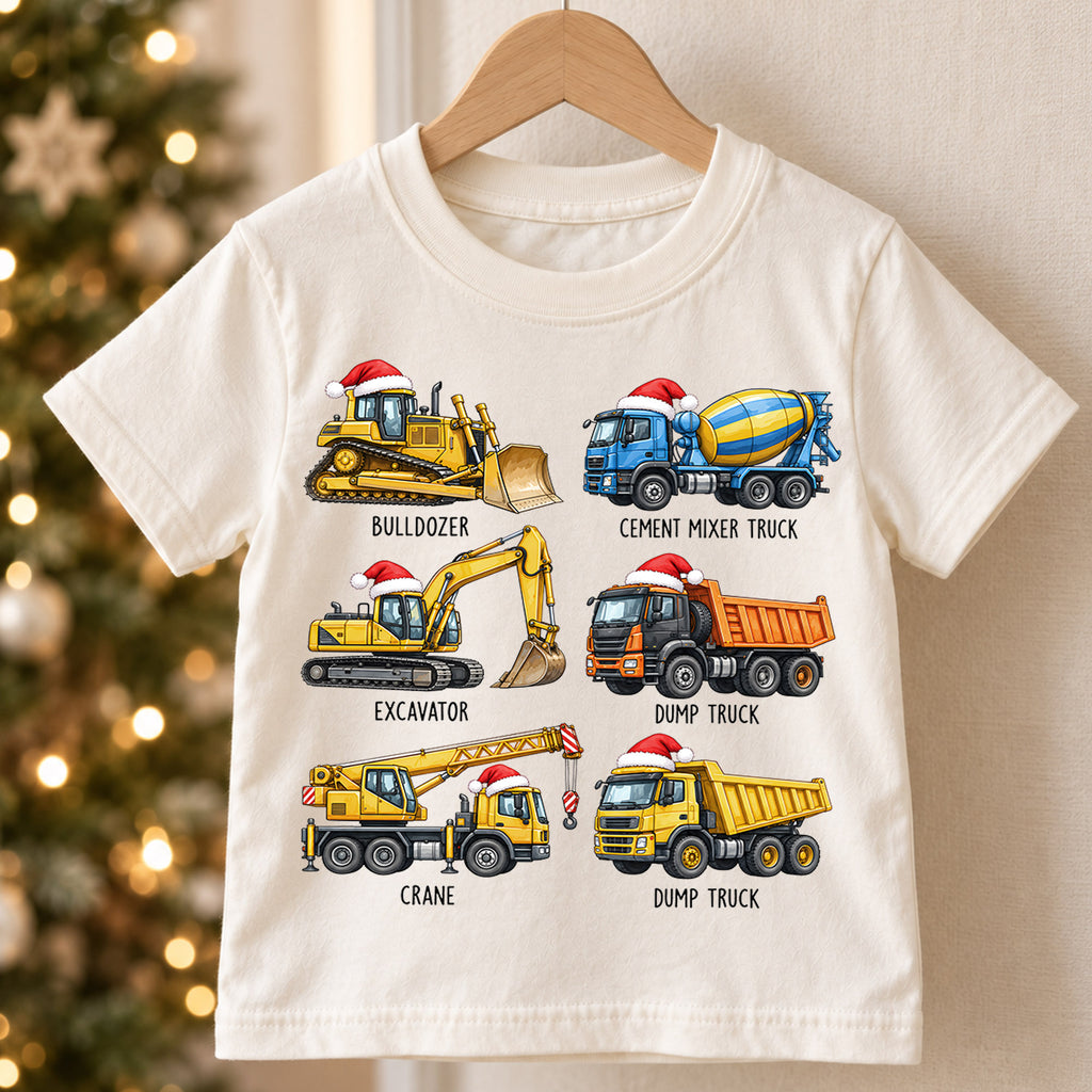 Cute Christmas Construction Trucks Shirt, Holiday Vehicles Kids Tee, Festive Winter Top, Cute Construction Christmas Outfit, Gift For Kids — product view 5