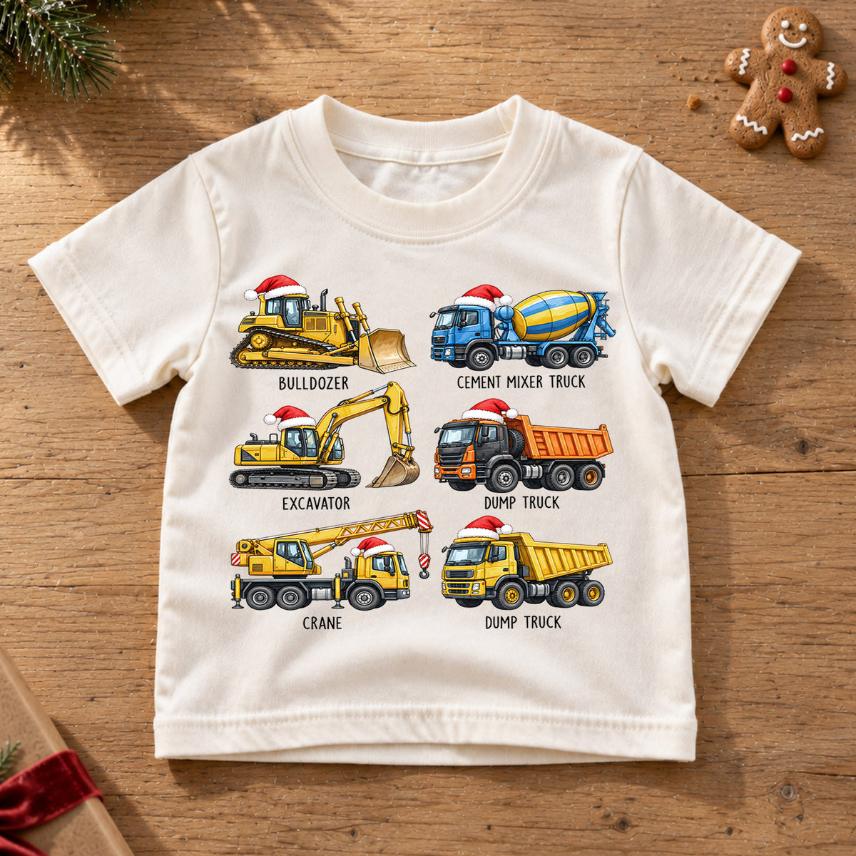 Cute Christmas Construction Trucks Shirt, Holiday Vehicles Kids Tee, Festive Winter Top, Cute Construction Christmas Outfit, Gift For Kids — product view 6