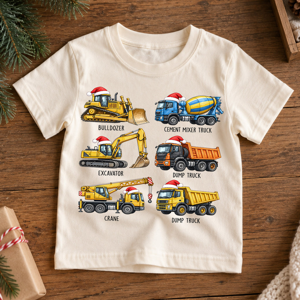 Cute Christmas Construction Trucks Shirt, Holiday Vehicles Kids Tee, Festive Winter Top, Cute Construction Christmas Outfit, Gift For Kids — product view 7