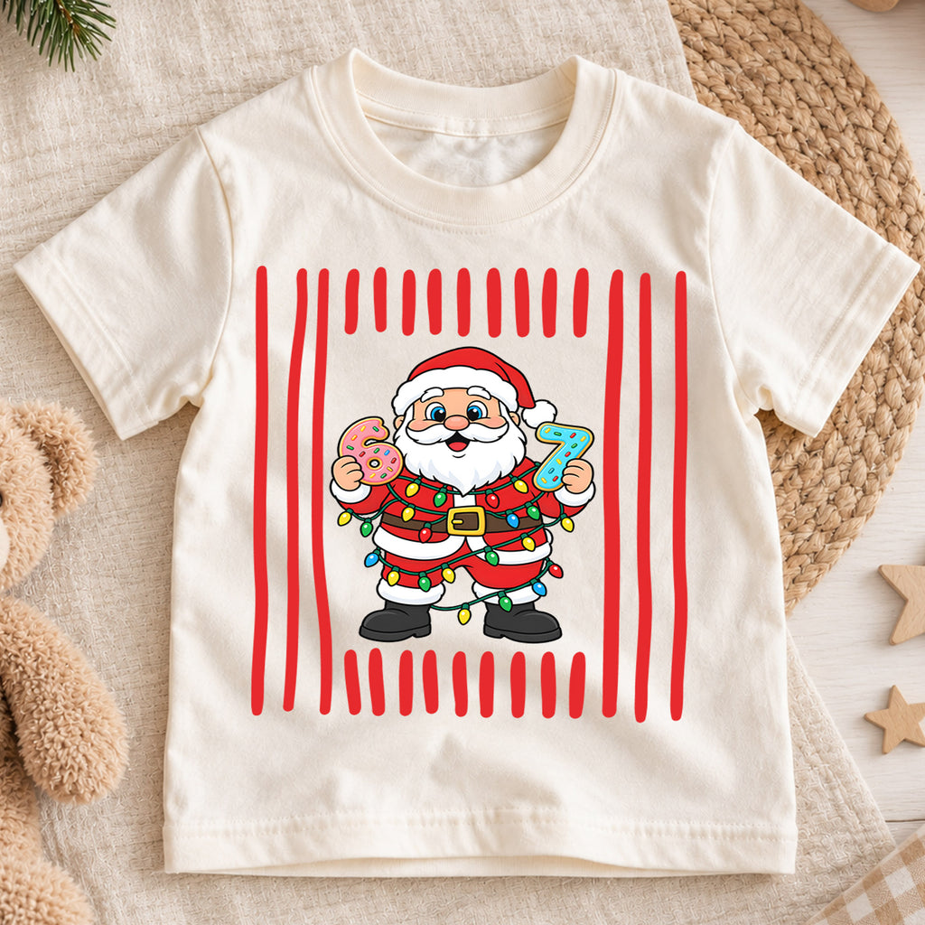 Cute Santa Claus Donuts 6th 7th Birthday Christmas Shirt, Holiday Kids Party Tee, Festive Top, Santa Donut Birthday Outfit, Gift For Kids — product view 1