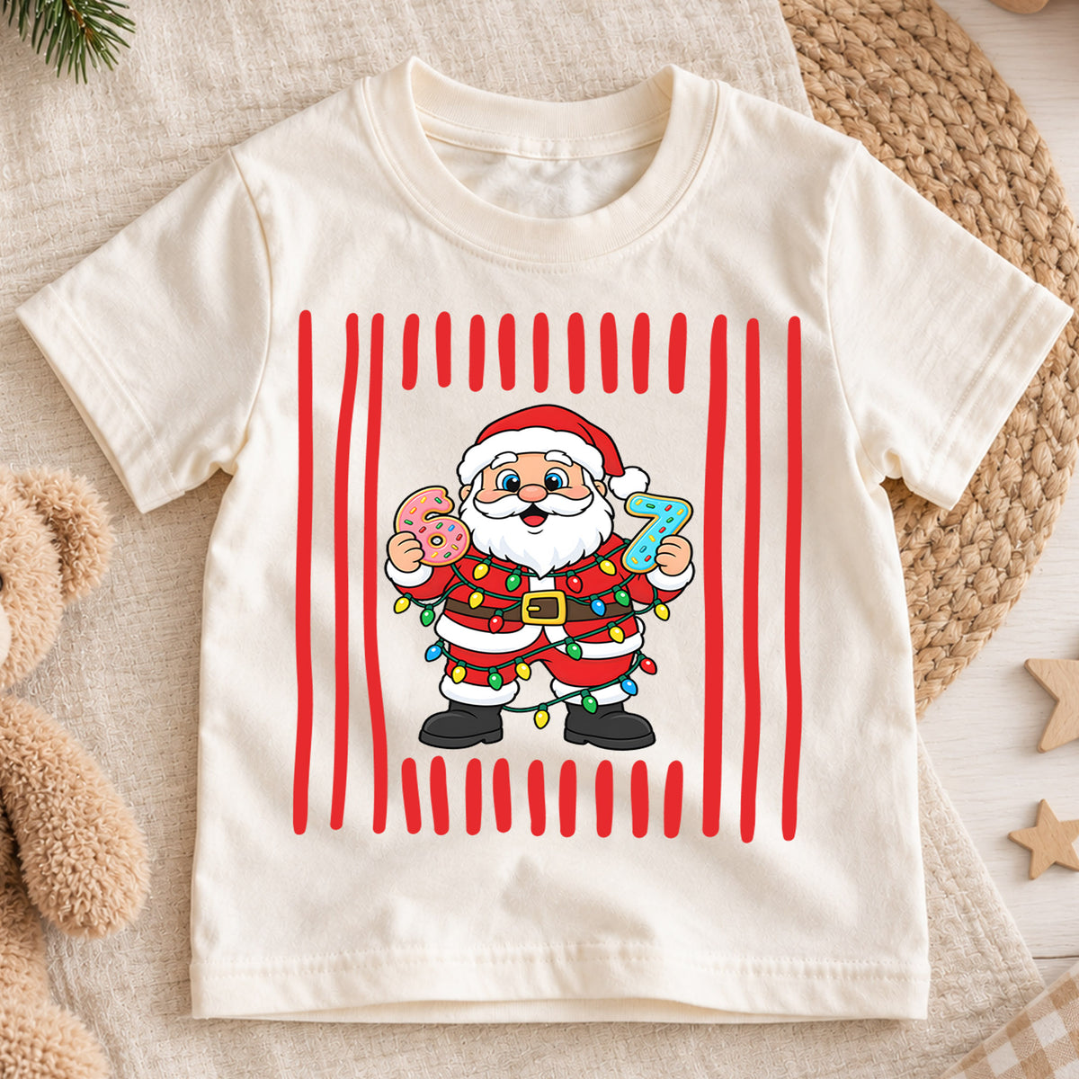 Cute Santa Claus Donuts 6th 7th Birthday Christmas Shirt, Holiday Kids Party Tee, Festive Top, Santa Donut Birthday Outfit, Gift For Kids — product view 1