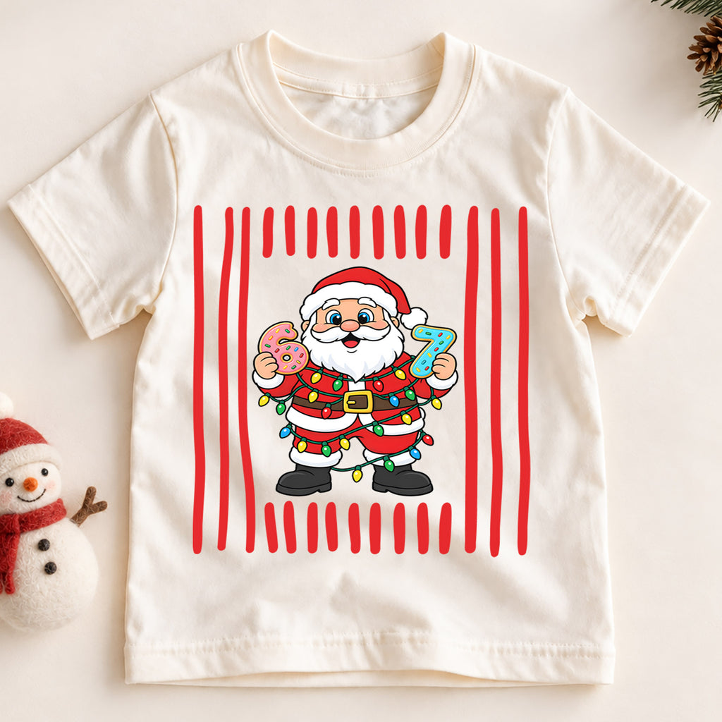 Cute Santa Claus Donuts 6th 7th Birthday Christmas Shirt, Holiday Kids Party Tee, Festive Top, Santa Donut Birthday Outfit, Gift For Kids — product view 2