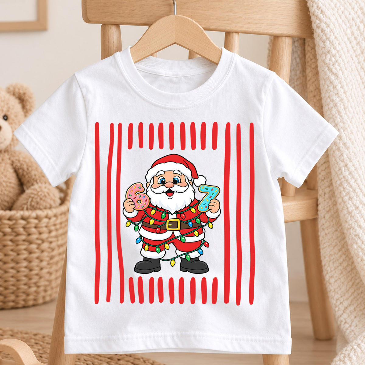 Cute Santa Claus Donuts 6th 7th Birthday Christmas Shirt, Holiday Kids Party Tee, Festive Top, Santa Donut Birthday Outfit, Gift For Kids — product view 4