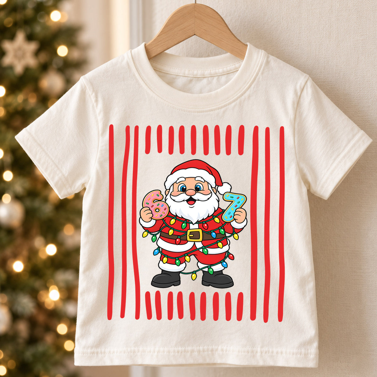 Cute Santa Claus Donuts 6th 7th Birthday Christmas Shirt, Holiday Kids Party Tee, Festive Top, Santa Donut Birthday Outfit, Gift For Kids — product view 5