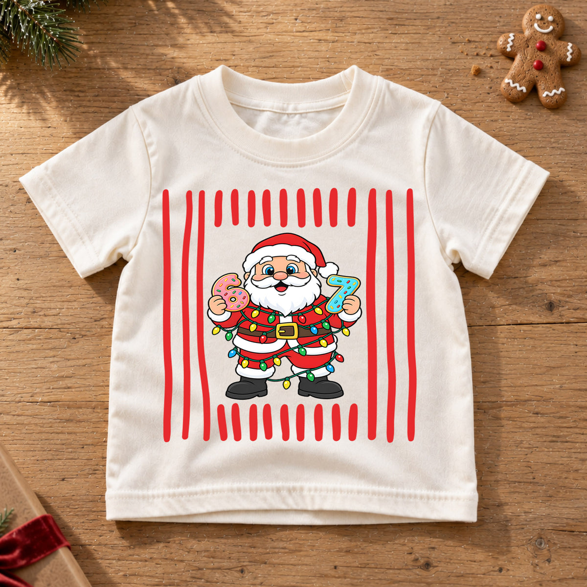 Cute Santa Claus Donuts 6th 7th Birthday Christmas Shirt, Holiday Kids Party Tee, Festive Top, Santa Donut Birthday Outfit, Gift For Kids — product view 6
