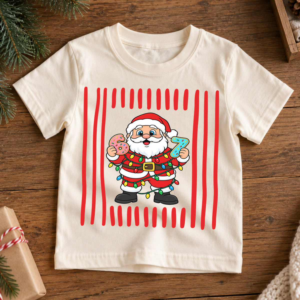 Cute Santa Claus Donuts 6th 7th Birthday Christmas Shirt, Holiday Kids Party Tee, Festive Top, Santa Donut Birthday Outfit, Gift For Kids — product view 7